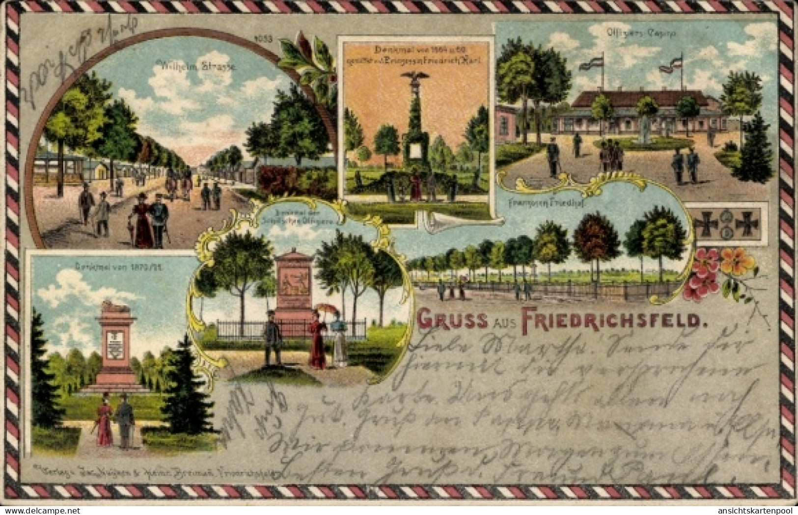 Lithographie Friedrichsfeld Voerde am Niederrhein, Kriegerdenkmal, Offizierkasino, Franzosenfriedhof