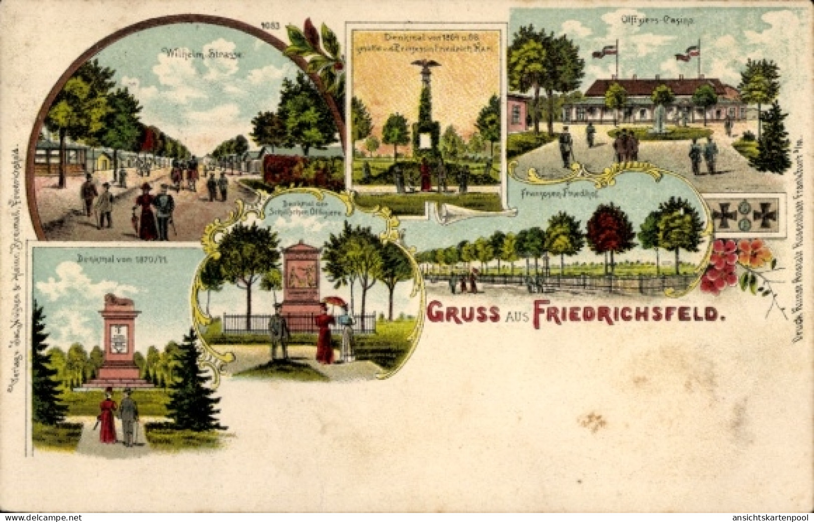 Lithographie Friedrichsfeld Voerde am Niederrhein, Kriegerdenkmal, Offizierkasino, Franzosenfriedhof