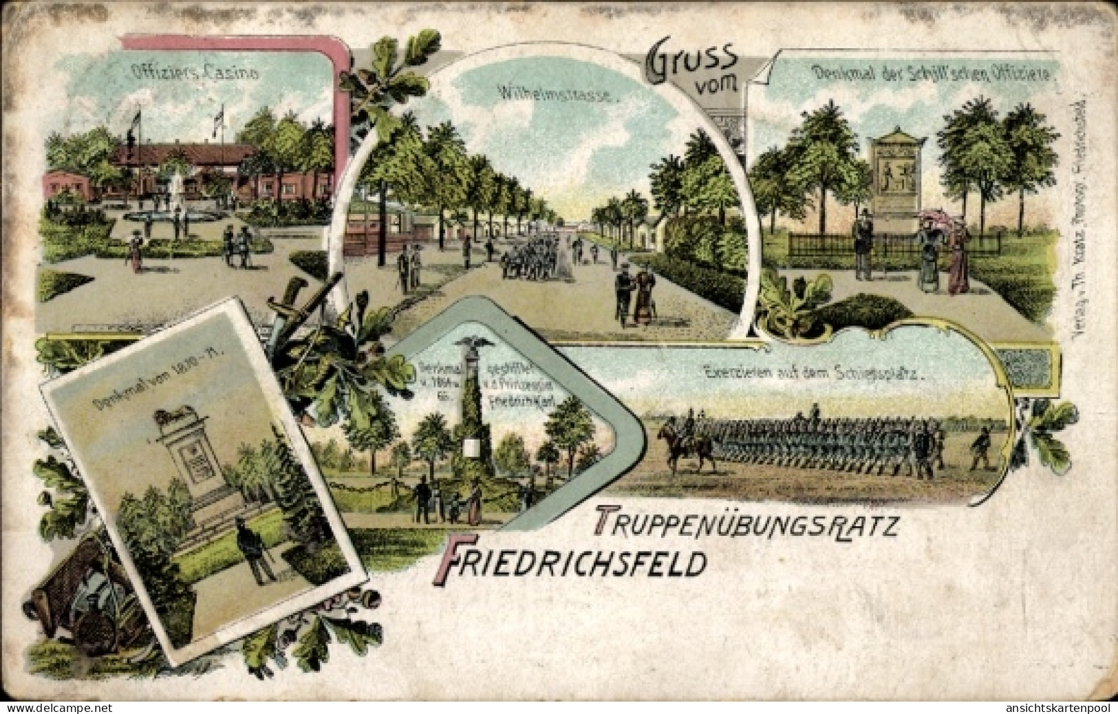 Lithographie Friedrichsfeld Voerde am Niederrhein, Truppenübungsplatz, Offizierscasino, Denkmal, Exerzieren