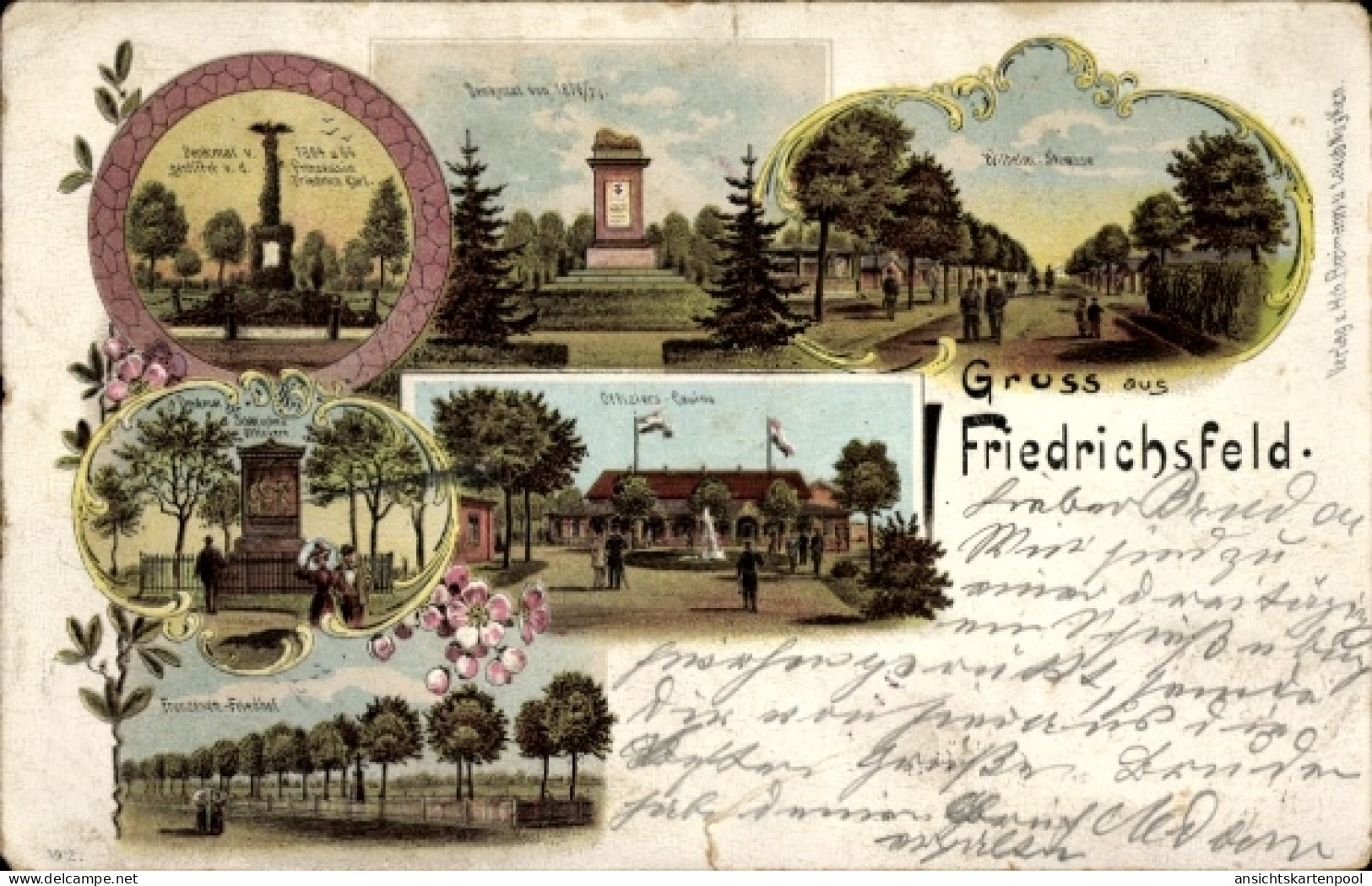 Lithographie Friedrichsfeld Voerde, Wilhelmstr., Denkmal, Offizierskasino, Friedhof