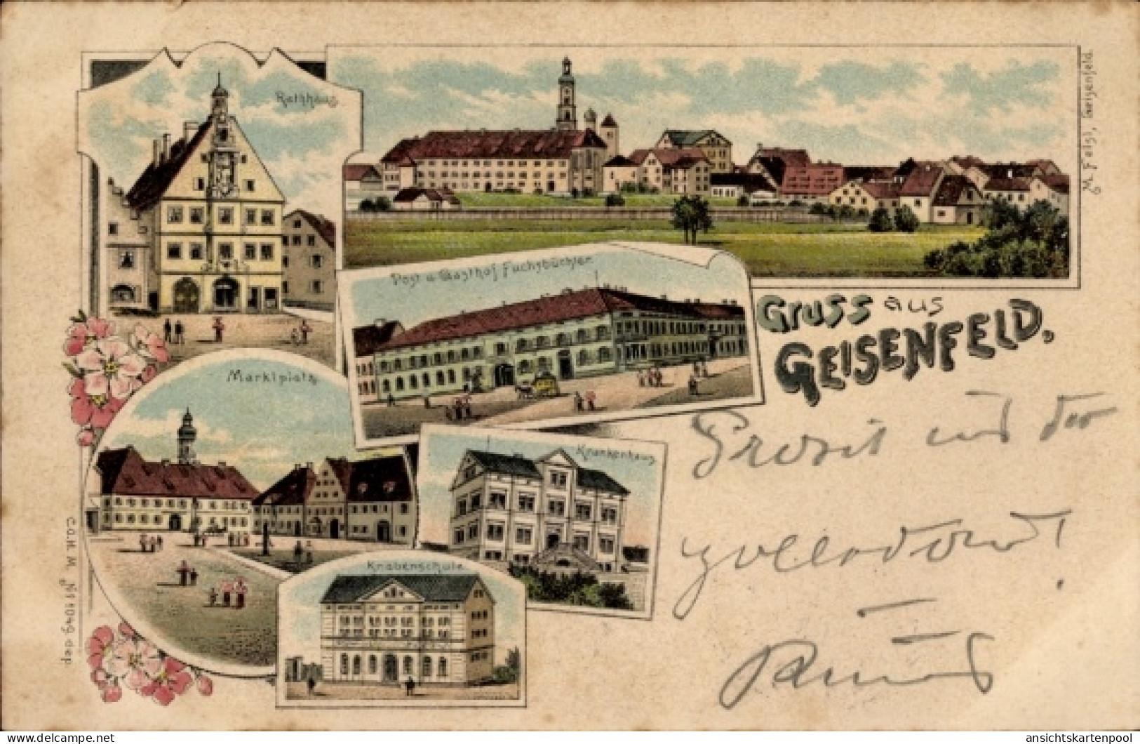 Lithographie Geisenfeld an der Ilm, Gesamtansicht, Marktplatz, Rathaus, Post, Gasthof