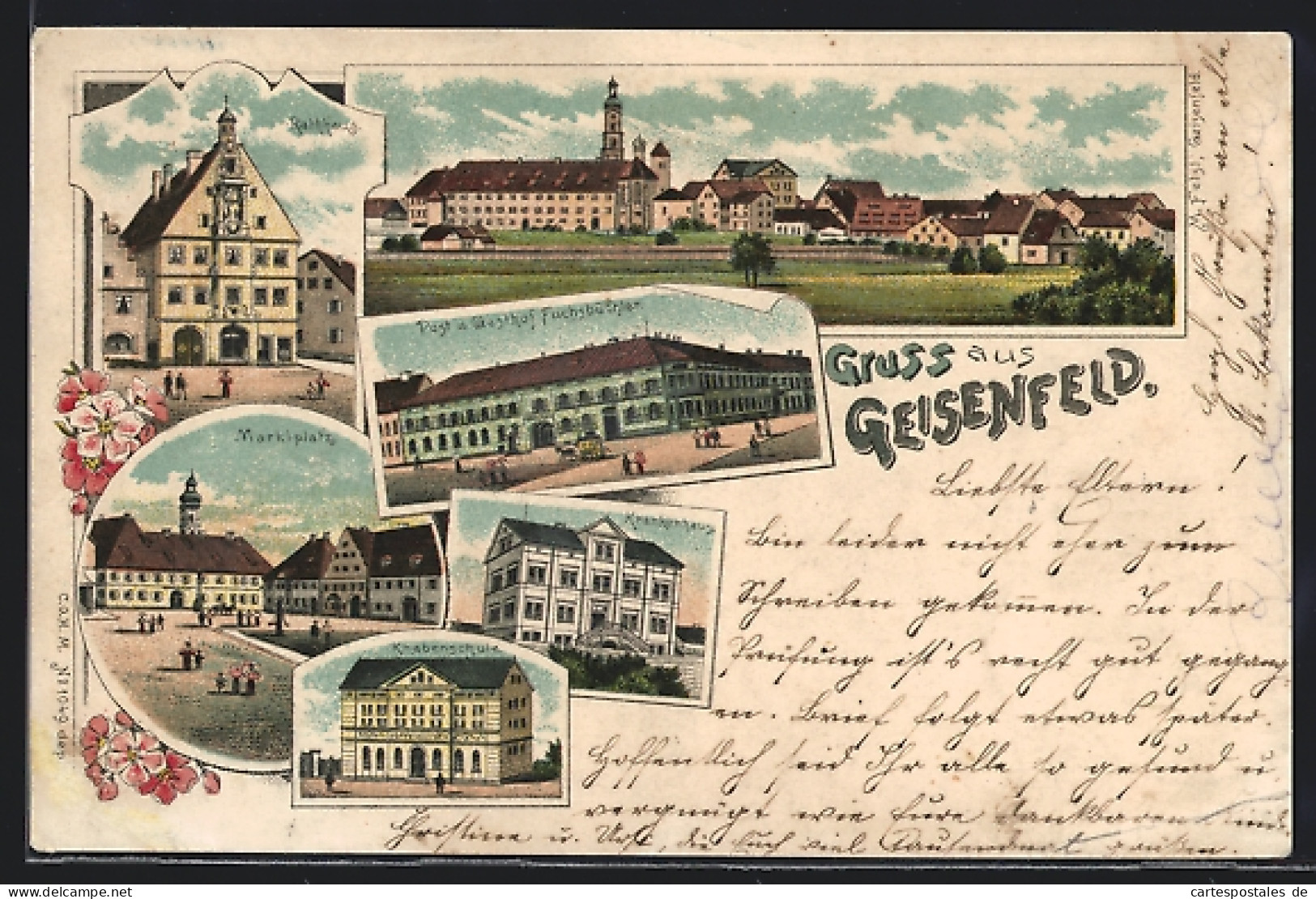 Lithographie Geisenfeld, Gasthof Fuchsbüchler und Post, Knabenschule, Krankenhaus