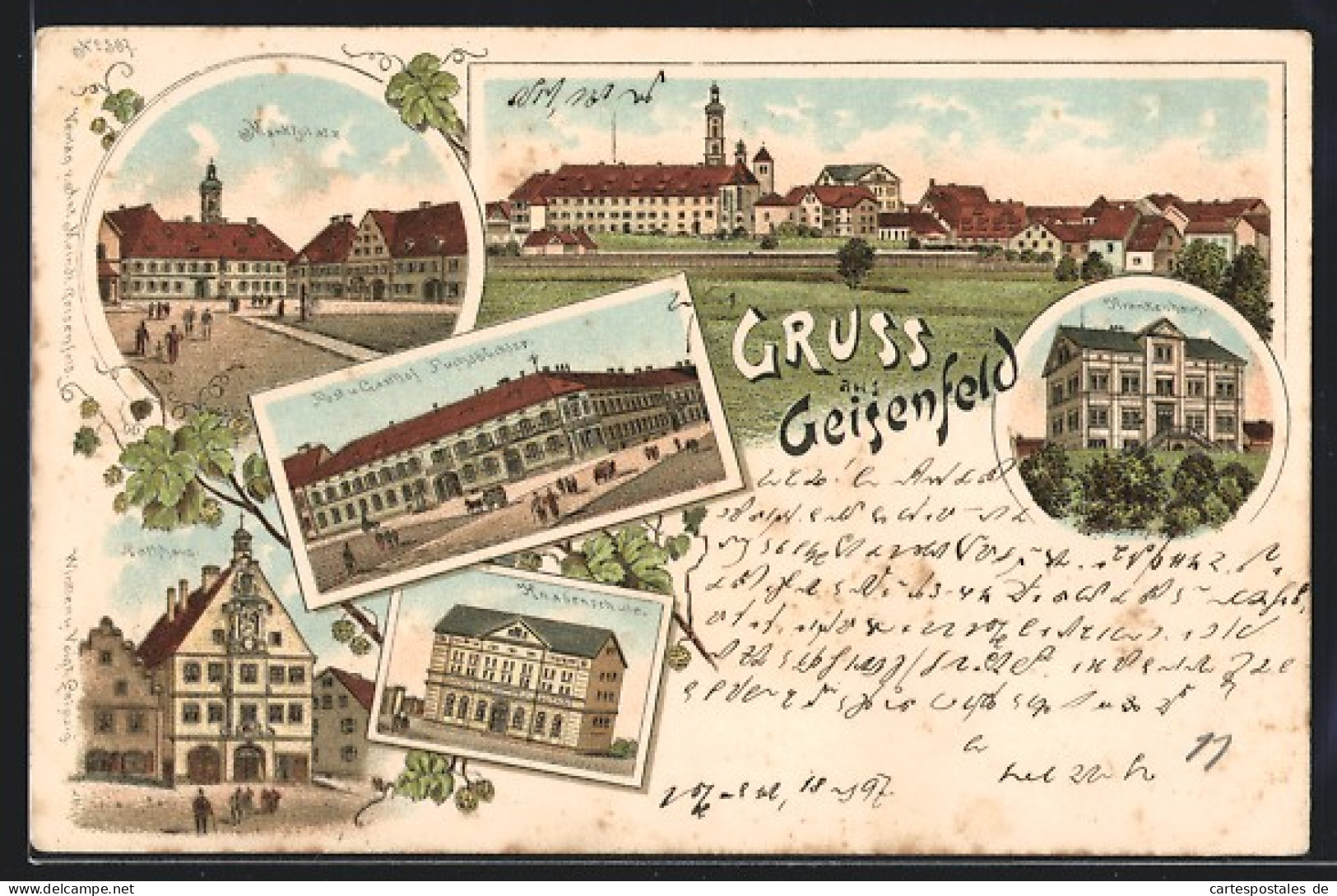 Lithographie Geisenfeld, Post und Gasthof Fuchsbüchler, Krankenhaus, Knabenschule, Marktplatz
