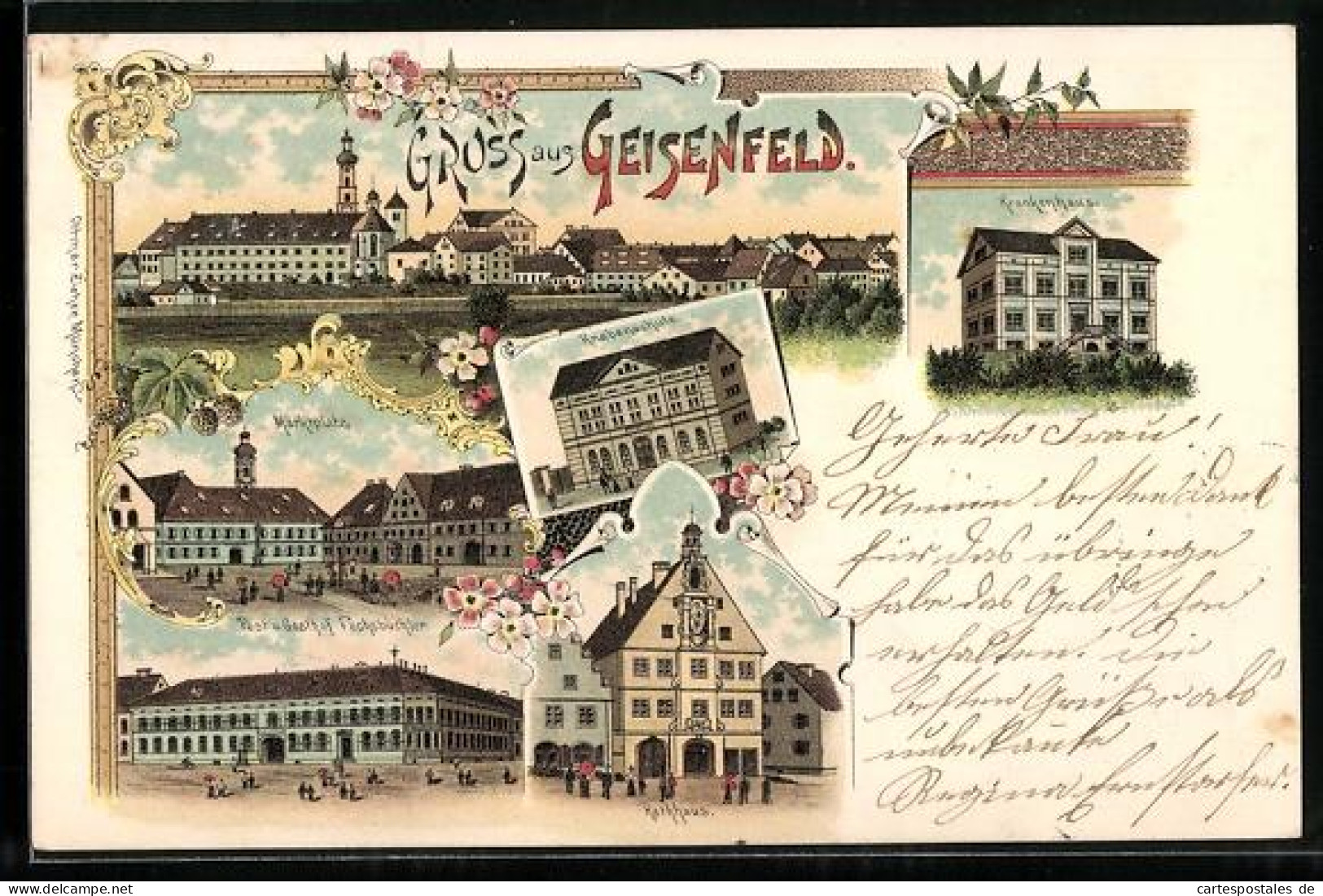 Lithographie Geisenfeld, Post und Gasthof Fuchsbüchler, Rathaus, Knabenschule und Krankenhaus