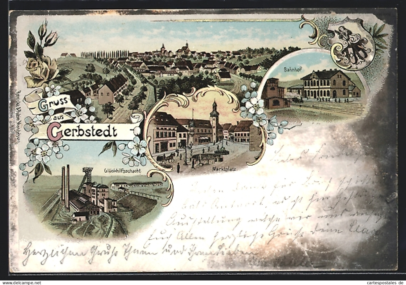 Lithographie Gerbstedt, Glückhilfsschacht, Bahnhof, Marktplatz