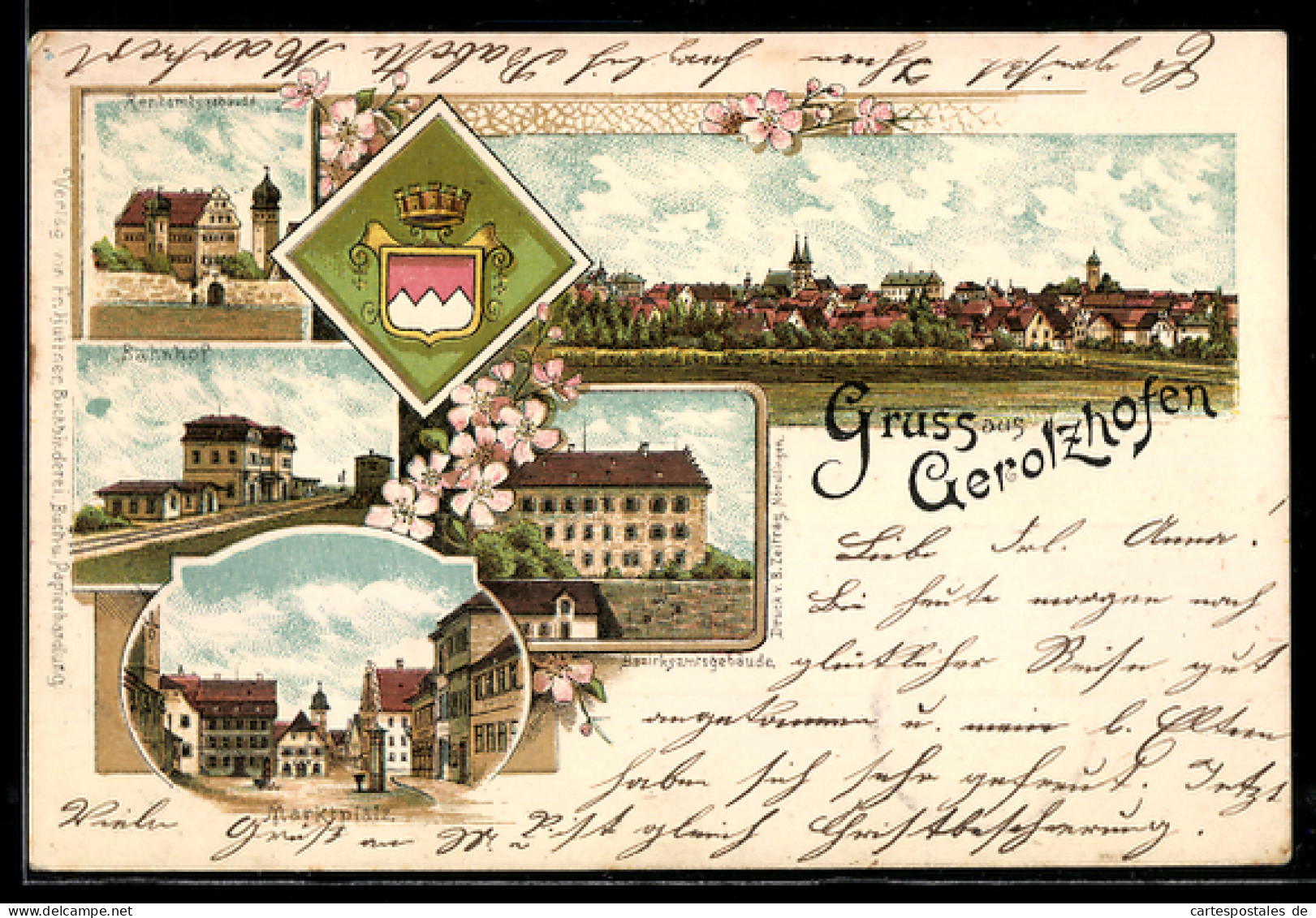 Lithographie Gerolzhofen, Bahnhof, Rentamt, Wappen, Ortsansicht