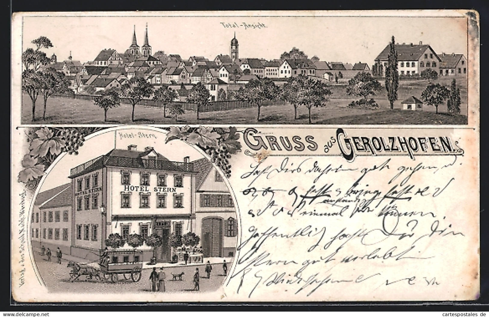 Lithographie Gerolzhofen, Totalansicht, Hotel Stern