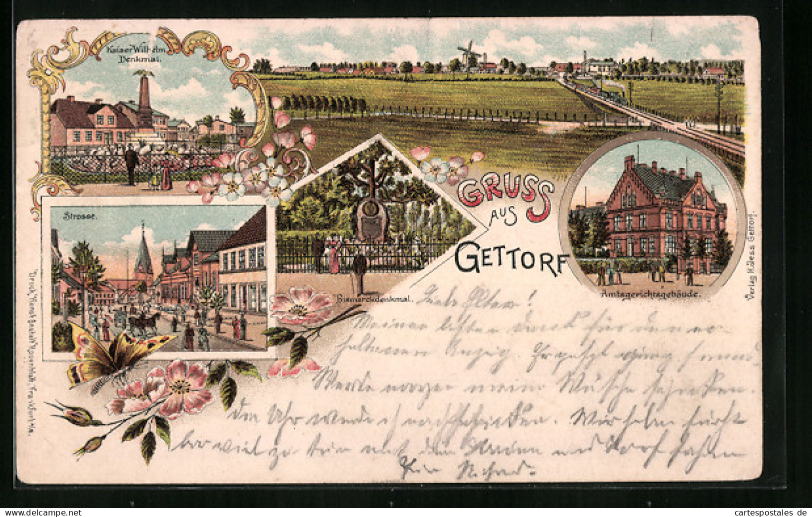 Lithographie Gettorf, Amtsgericht, Kaiser Wilhelm-Denkmal, Strassenpartie