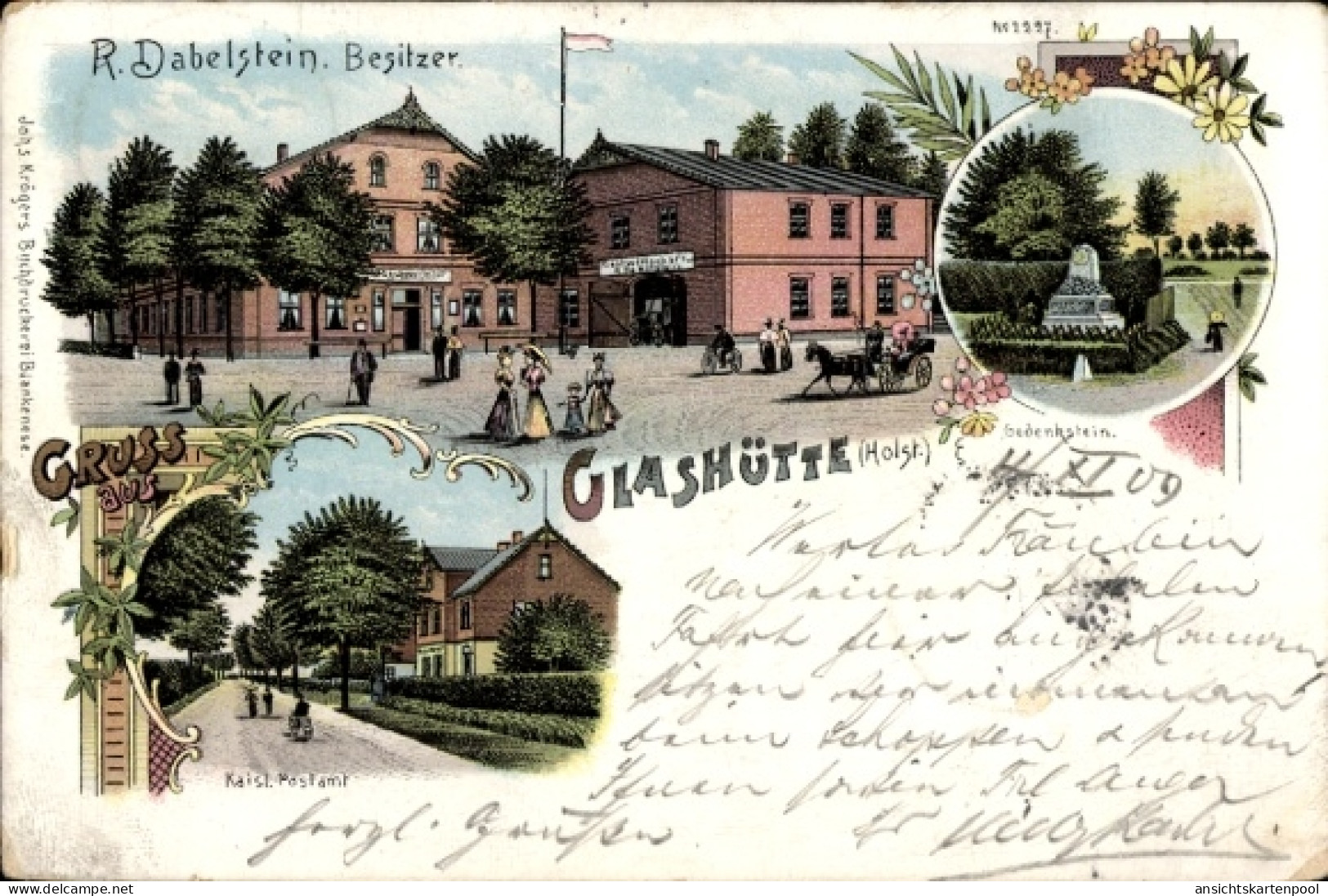 Lithographie Glashütte Norderstedt in Holstein, Gastwirtschaft, Kaiserl. Postamt, Gedenkstein
