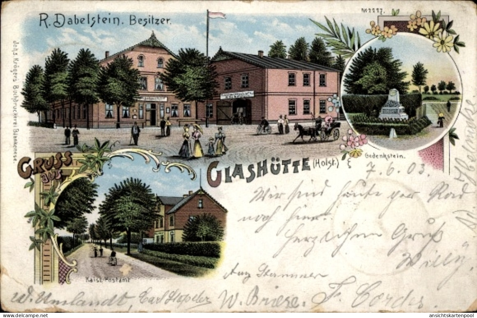 Lithographie Glashütte Norderstedt in Holstein, Gastwirtschaft, Kaiserl. Postamt, Gedenkstein