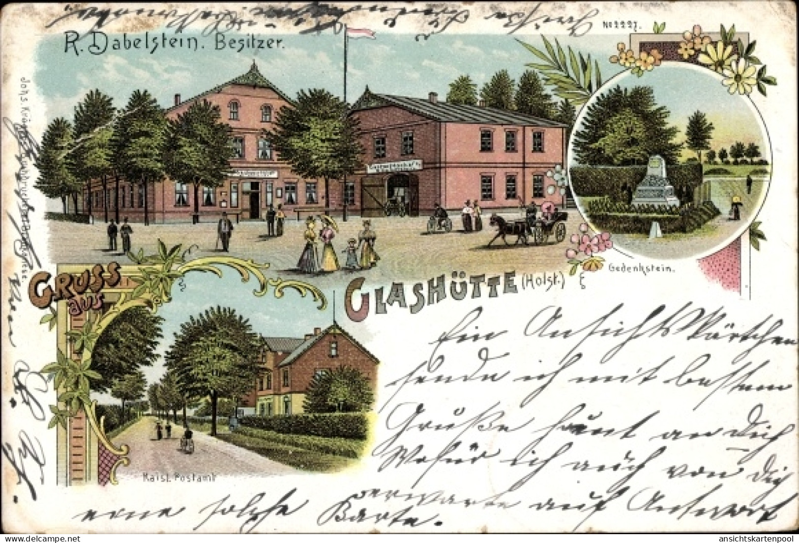 Lithographie Glashütte Norderstedt in Holstein, Gastwirtschaft R. Dabelstein, Gedenkstein, Postamt