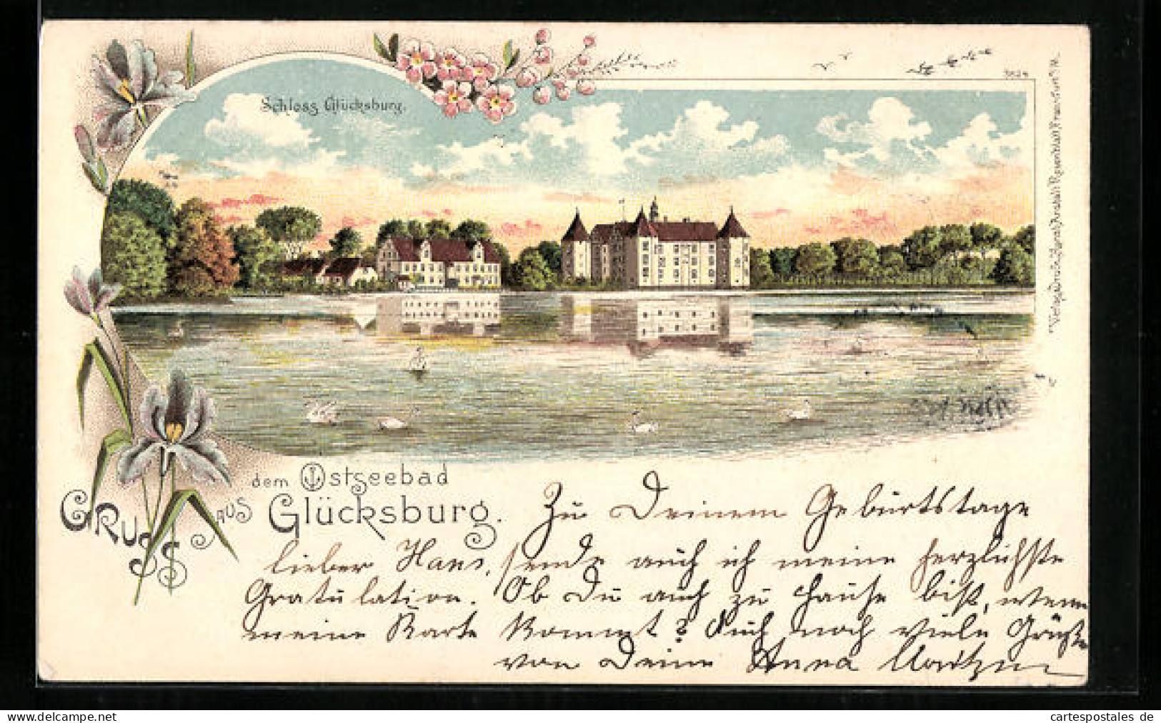 Lithographie Glücksburg, Ostseebad, Schloss Glücksburg