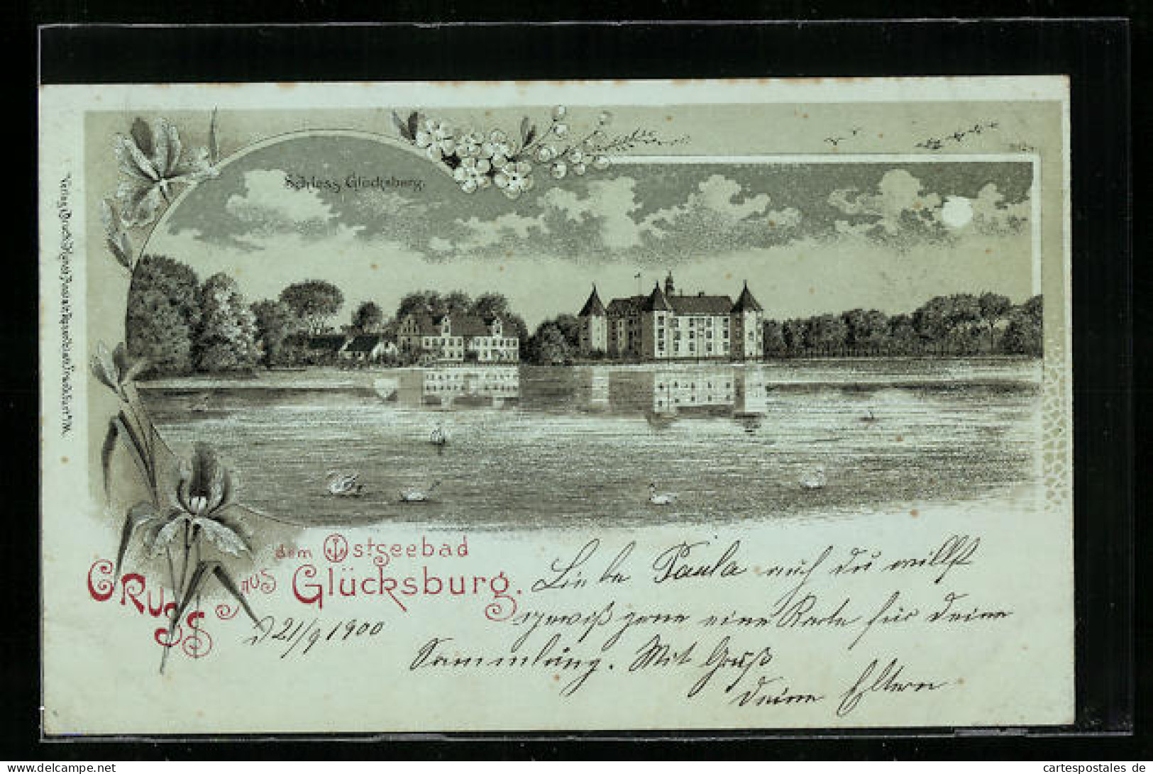 Lithographie Glücksburg, Schloss Glücksburg vom Wasser aus