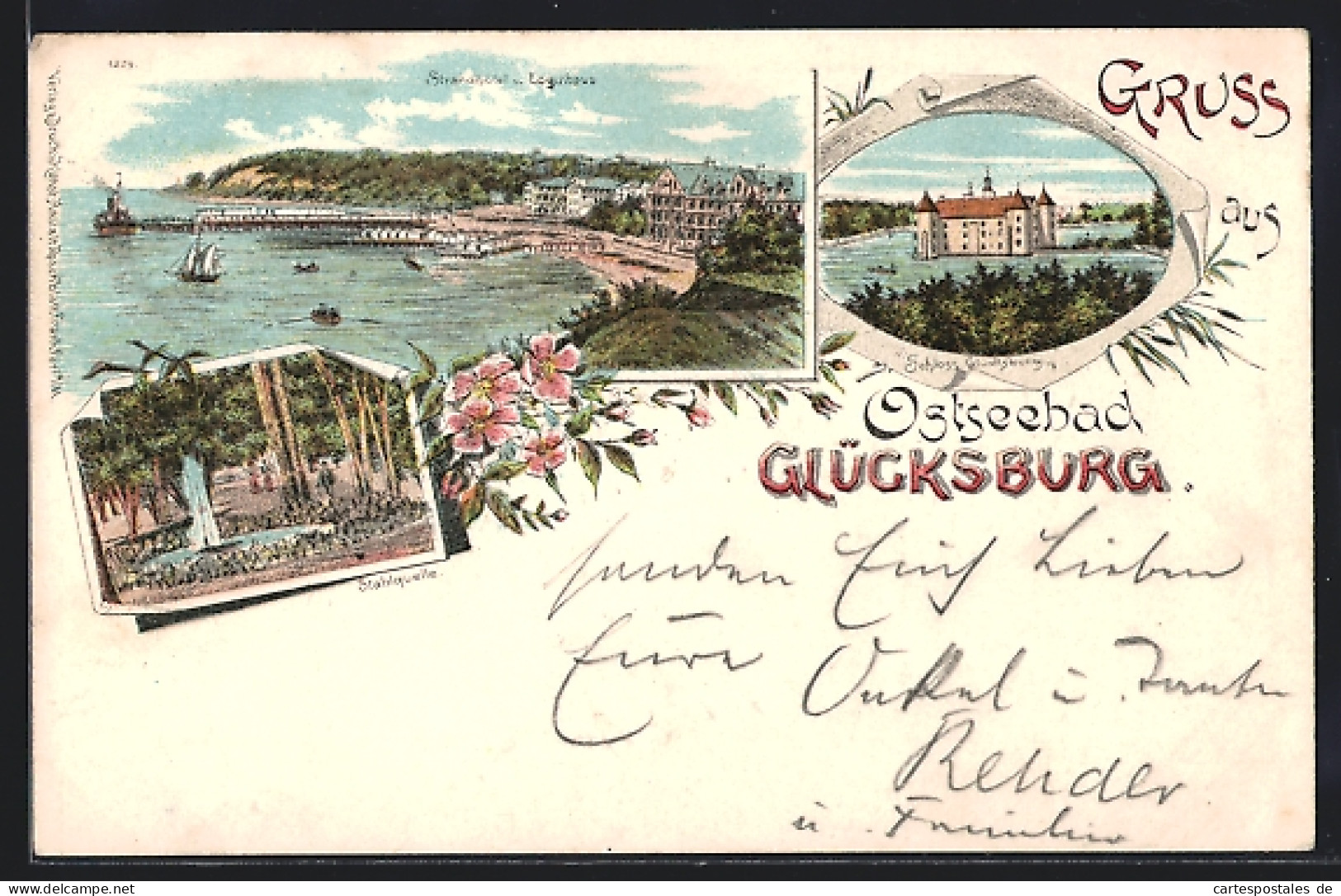 Lithographie Glücksburg, Strandhotel u. Logierhaus, Schloss Glücksburg & Stahlquelle