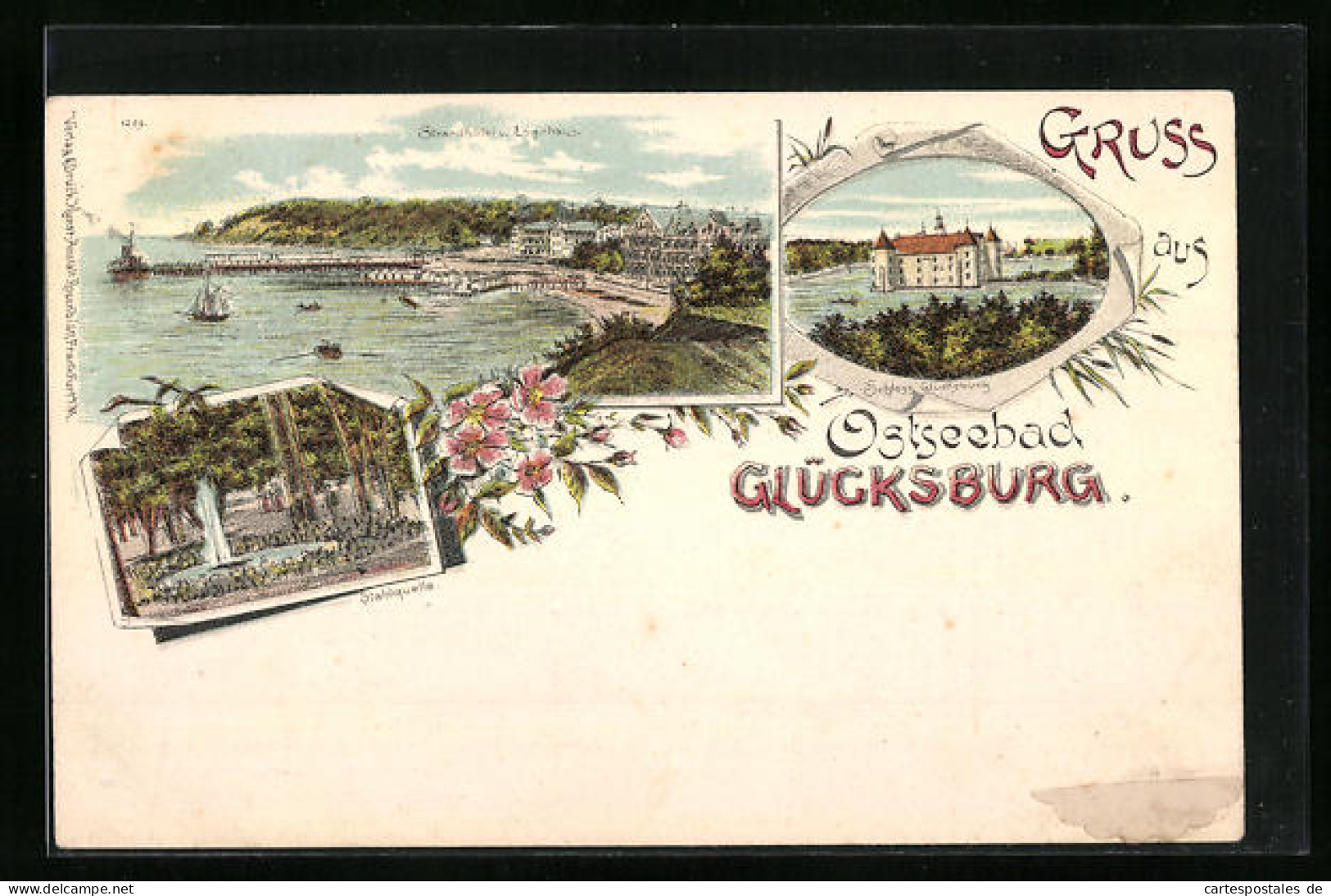 Lithographie Glücksburg, Totalansicht mit Schloss