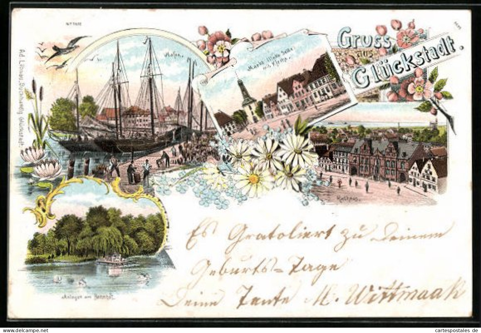 Lithographie Glückstadt, Hafenpartie mit Rathaus