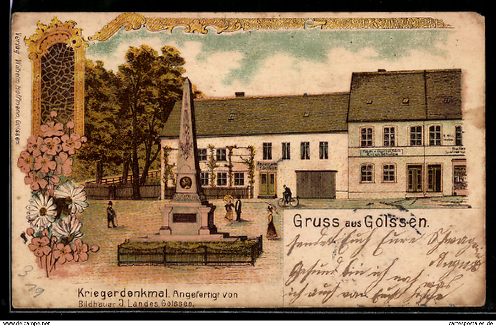 Lithographie Golssen, Kriegerdenkmal von Bildhauer J. Landes, Tabak- und Cigarrenfabrik Erich Schulze