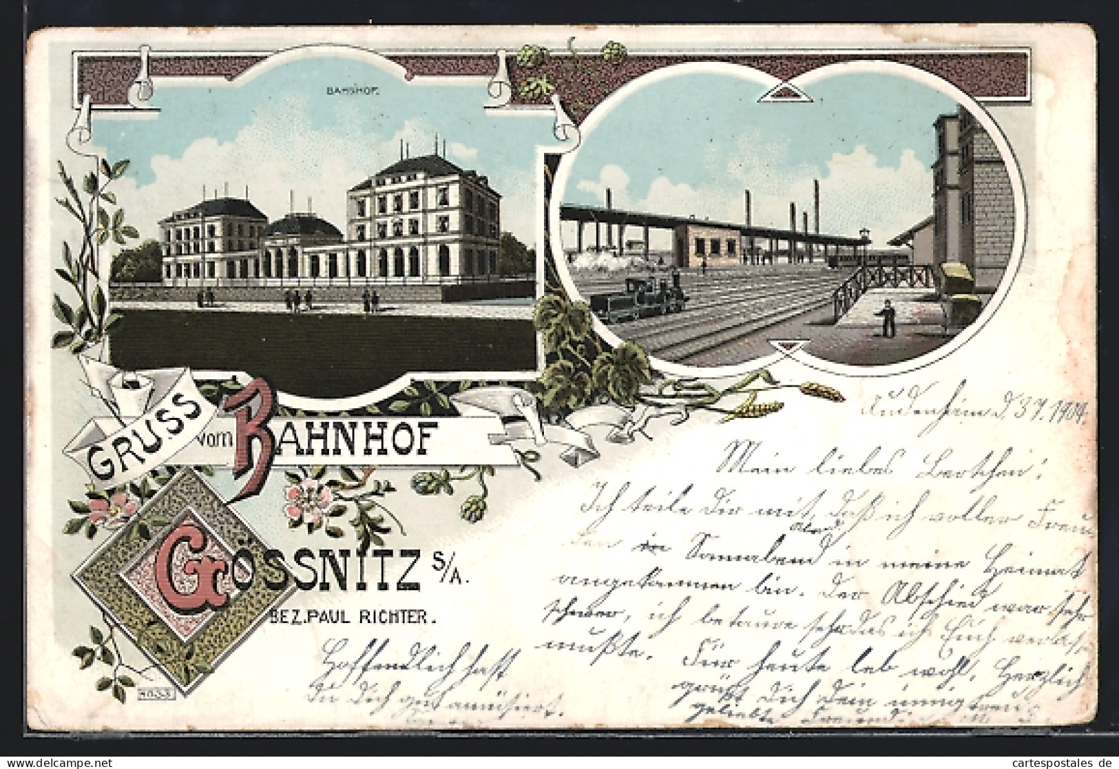Lithographie Gössnitz /S. A., Bahnhof mit Dampfzug