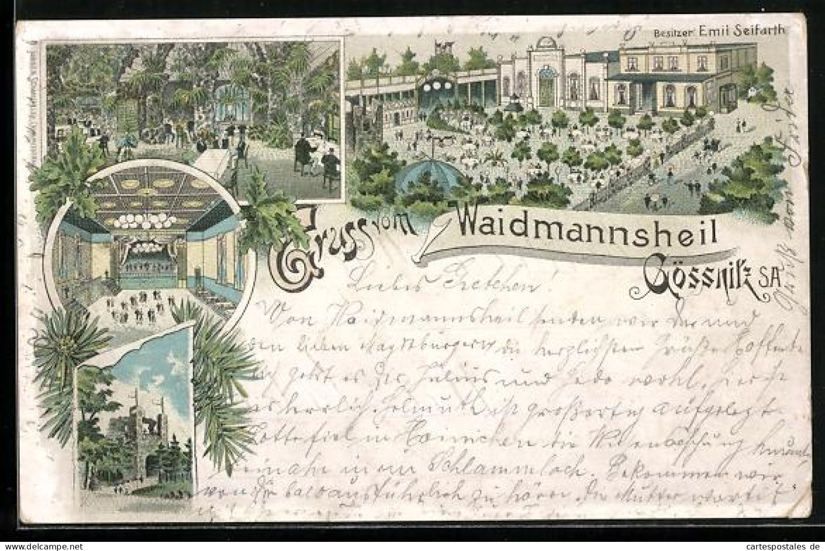 Lithographie Gössnitz / S.-A., Gasthaus Waidmannsheil, Bes. Emil Seifarth