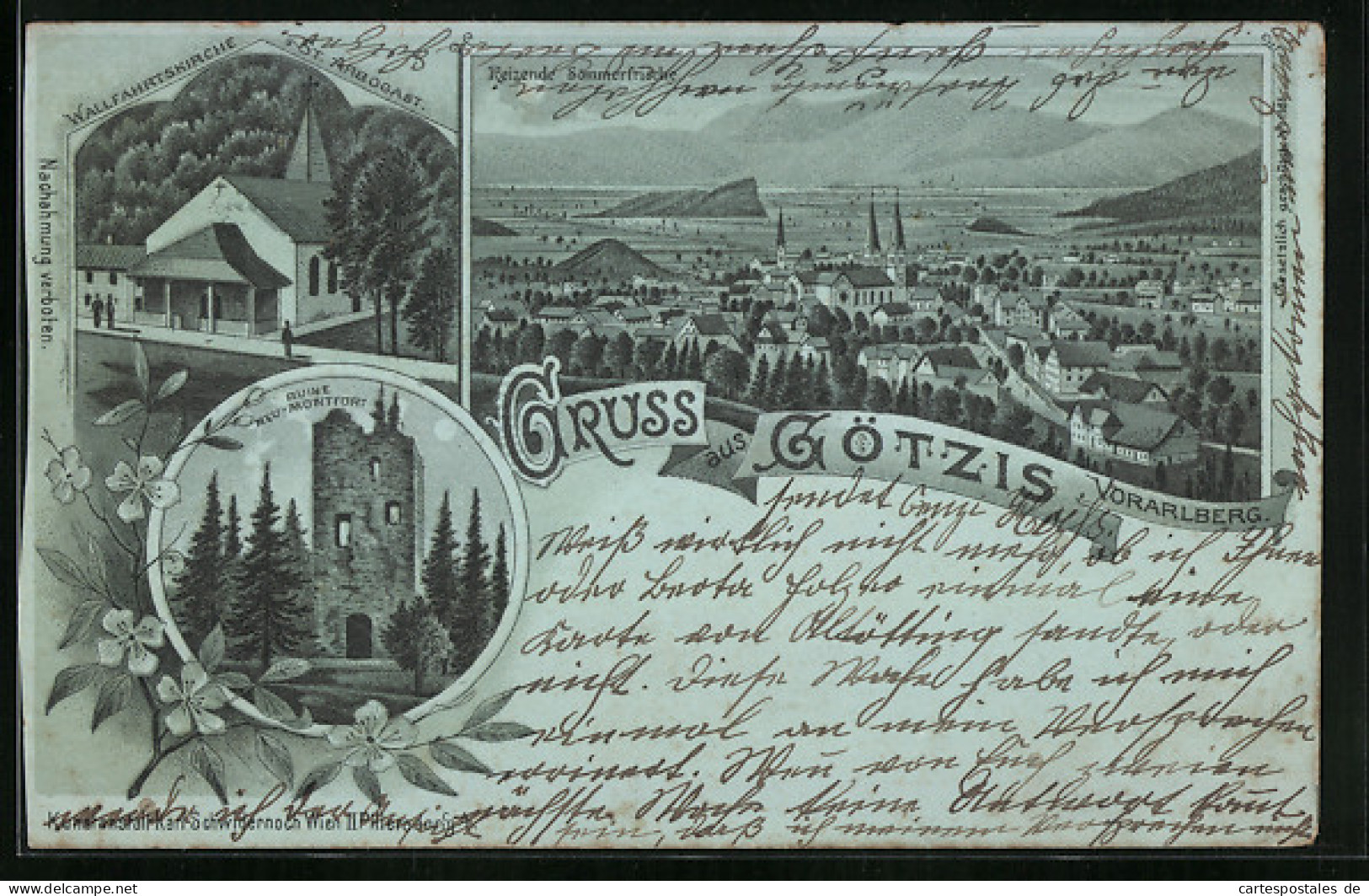 Lithographie Götzis, Teilansicht, Wallfahrtskirche und Burgruine bei Vollmond