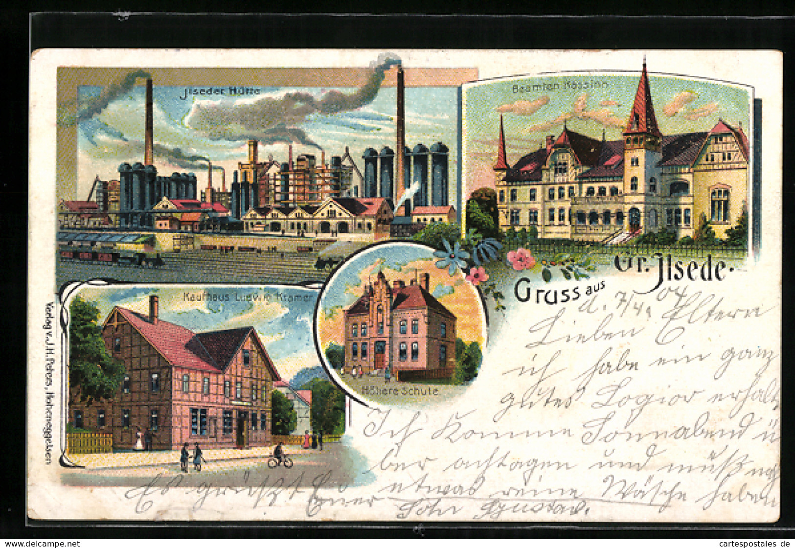 Lithographie Gr. Ilsede, Ilseder Hütte, Kaufhaus L. Kramer, Beamten Kassino