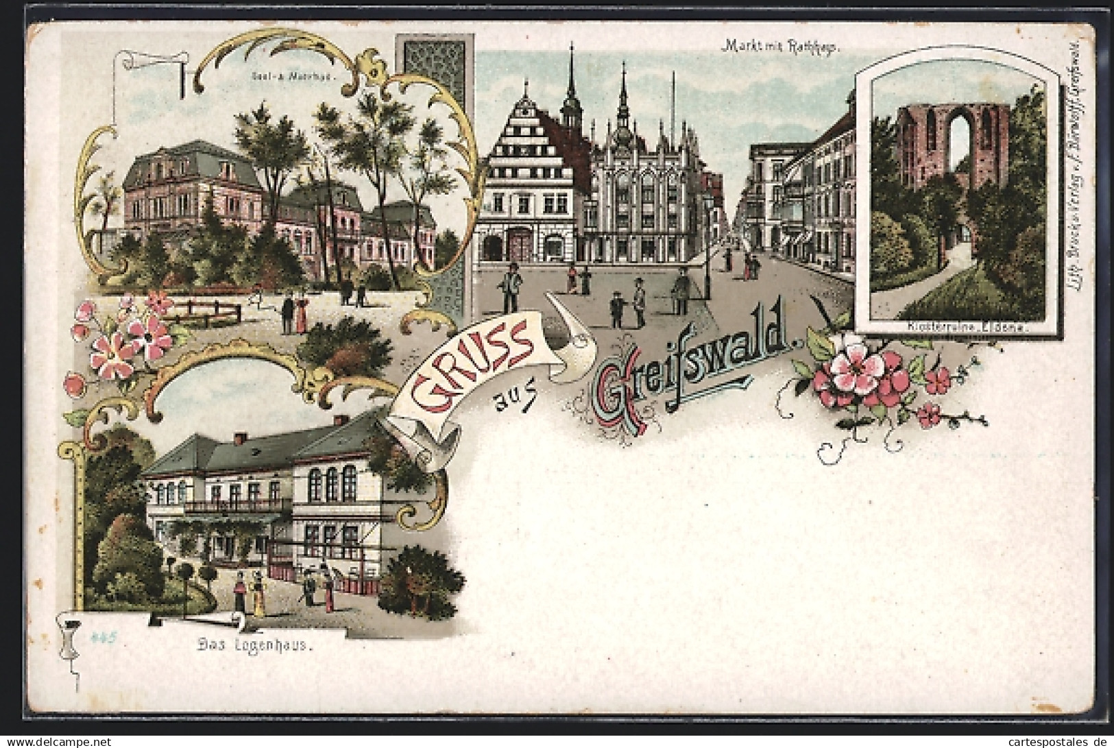 Lithographie Greifswald, Klosterruine Eldena, Sool- und Moorbad, Markt mit Rathaus