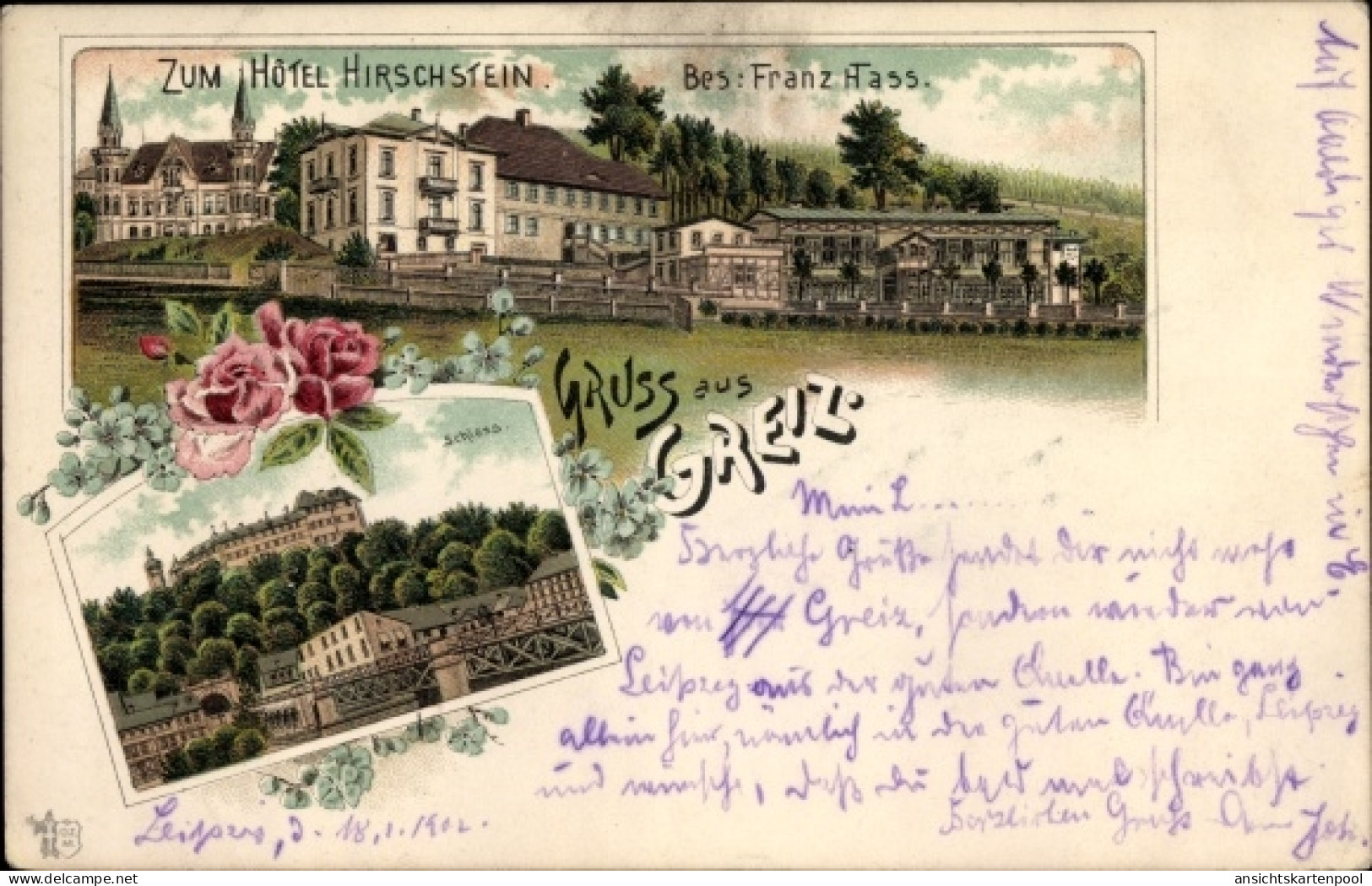 Lithographie Greiz im Vogtland, Zum Hotel Hirschstein, Schloss