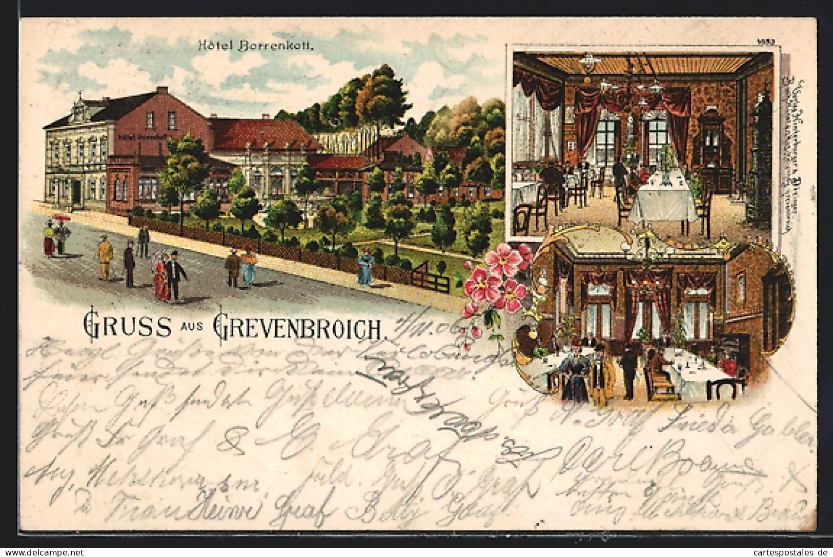 Lithographie Grevenbroich, Hotel Borrenkott, Innen- und Aussenansichten
