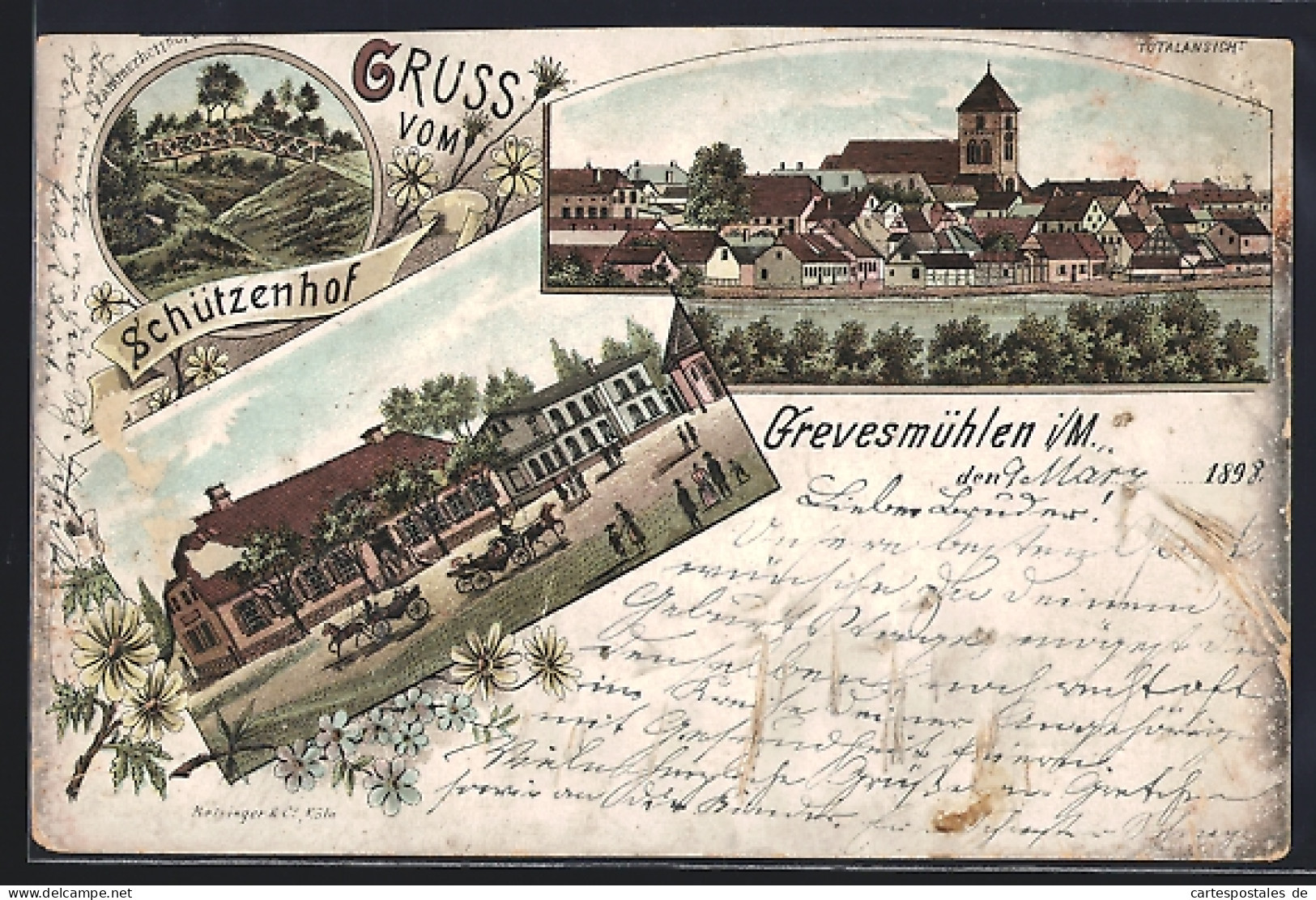 Lithographie Grevesmühlen, Gasthaus zum Schützenhof, Kammerherrnbrücke