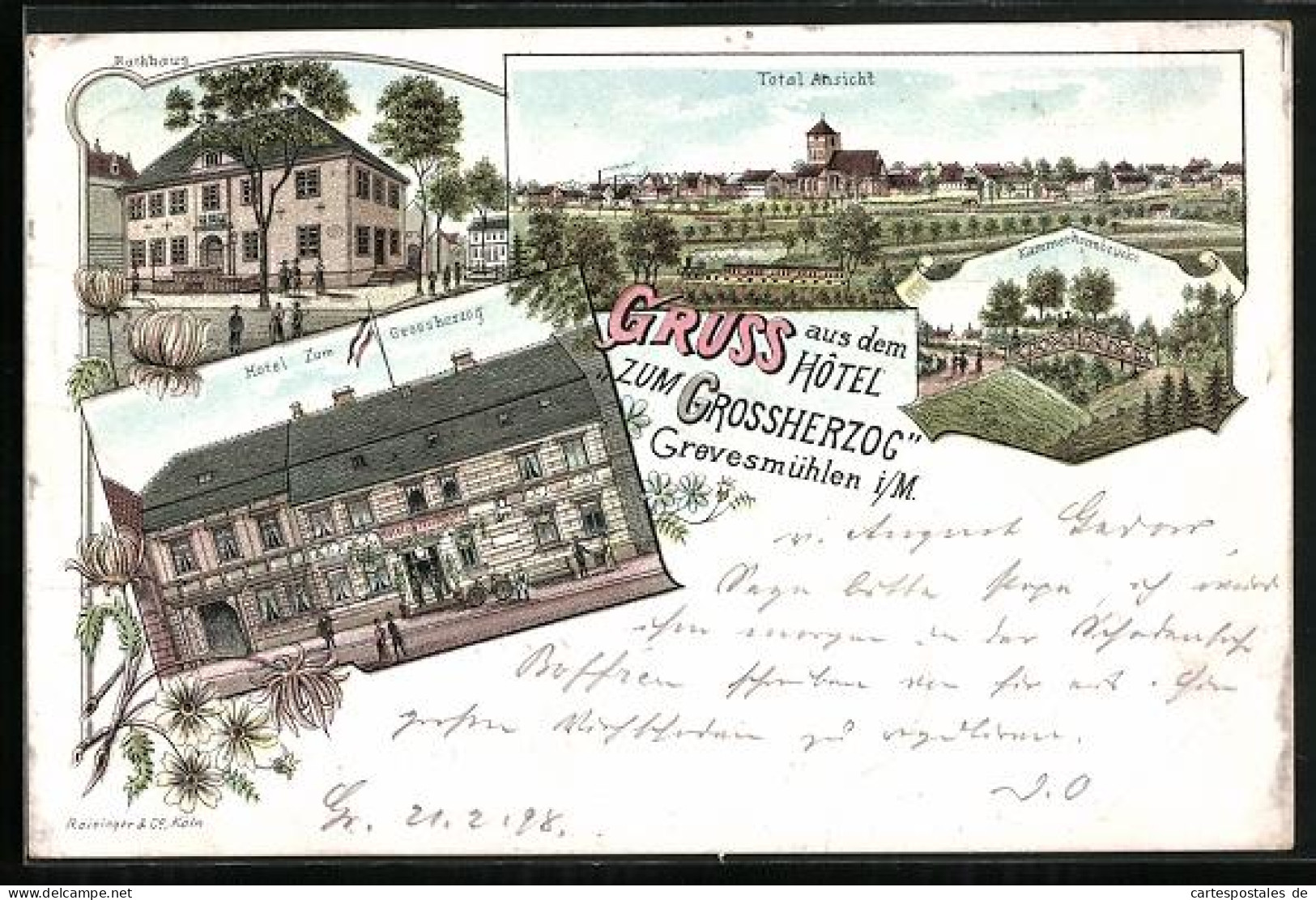 Lithographie Grevesmühlen, Hotel zum Grossherzog, Rathaus, Totalansicht