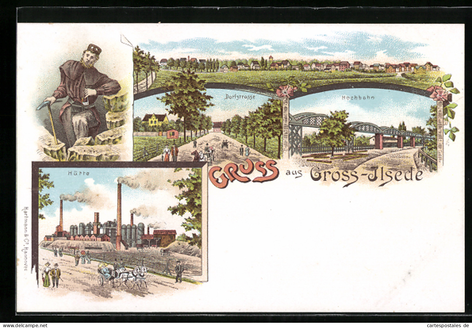 Lithographie Gross-Ilsede, Bergmann mit Spitzhacke, Hütte, Hochbahn, Dorfstrasse