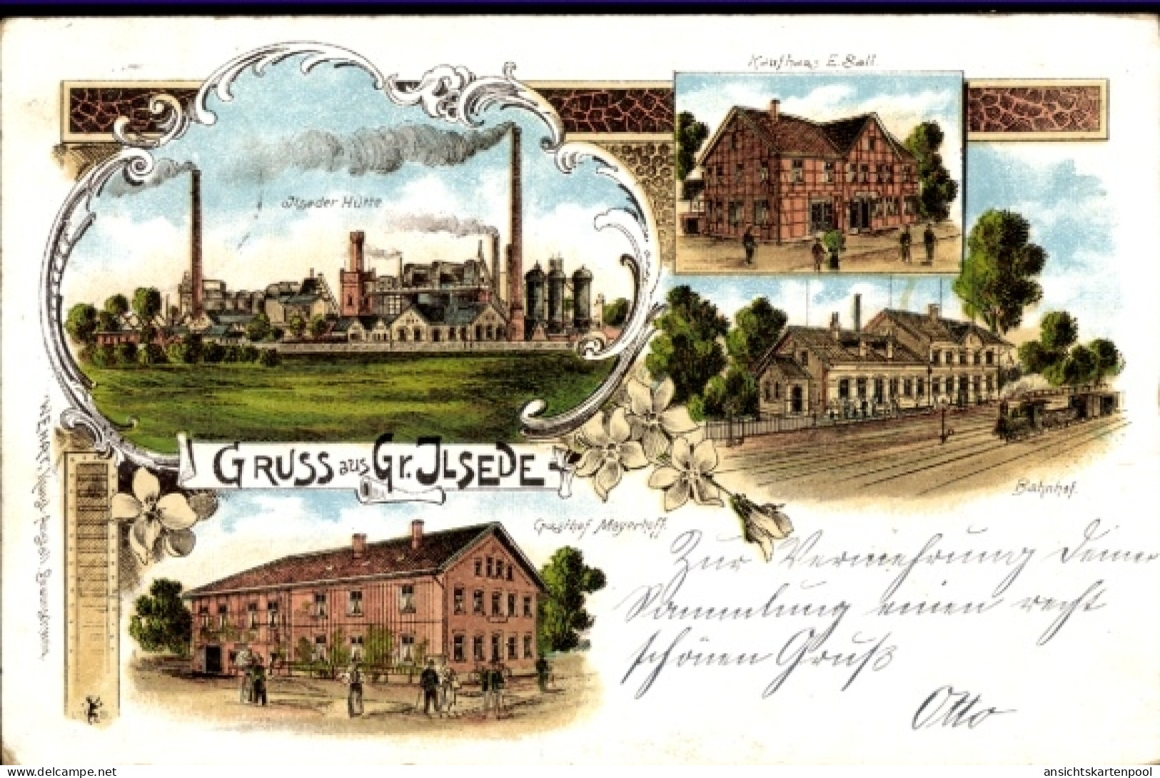 Lithographie Groß Ilsede in Niedersachsen, Bahnhof, Gleisseite, Kaufhaus, Gasthof Mayerhoff, Hüttenwerk