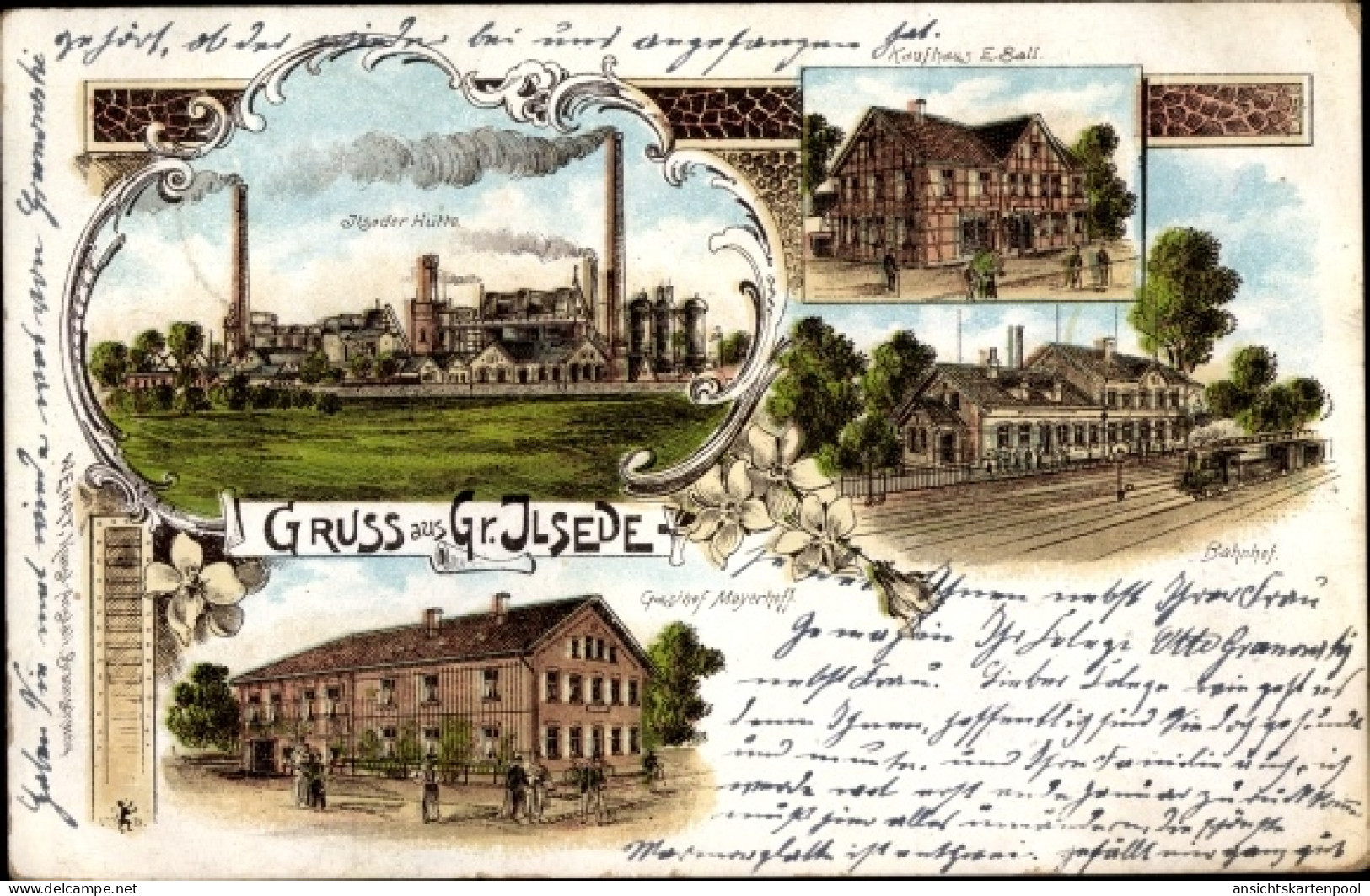 Lithographie Groß Ilsede in Niedersachsen, Bahnhof, Gleisseite, Kaufhaus, Hütte, Gasthof Mayerhoff