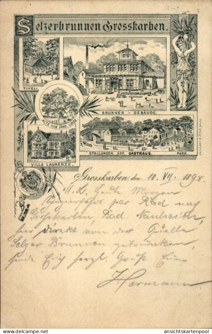 Lithographie Groß Karben in Hessen, Selzerbrunnen, Brunnen-Gebäude, Tivoli, Villa Laurenze, Gasthaus