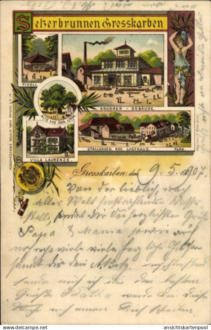 Lithographie Groß Karben in Hessen, Selzerbrunnen, Brunnen-Gebäude, Villa Laurenze