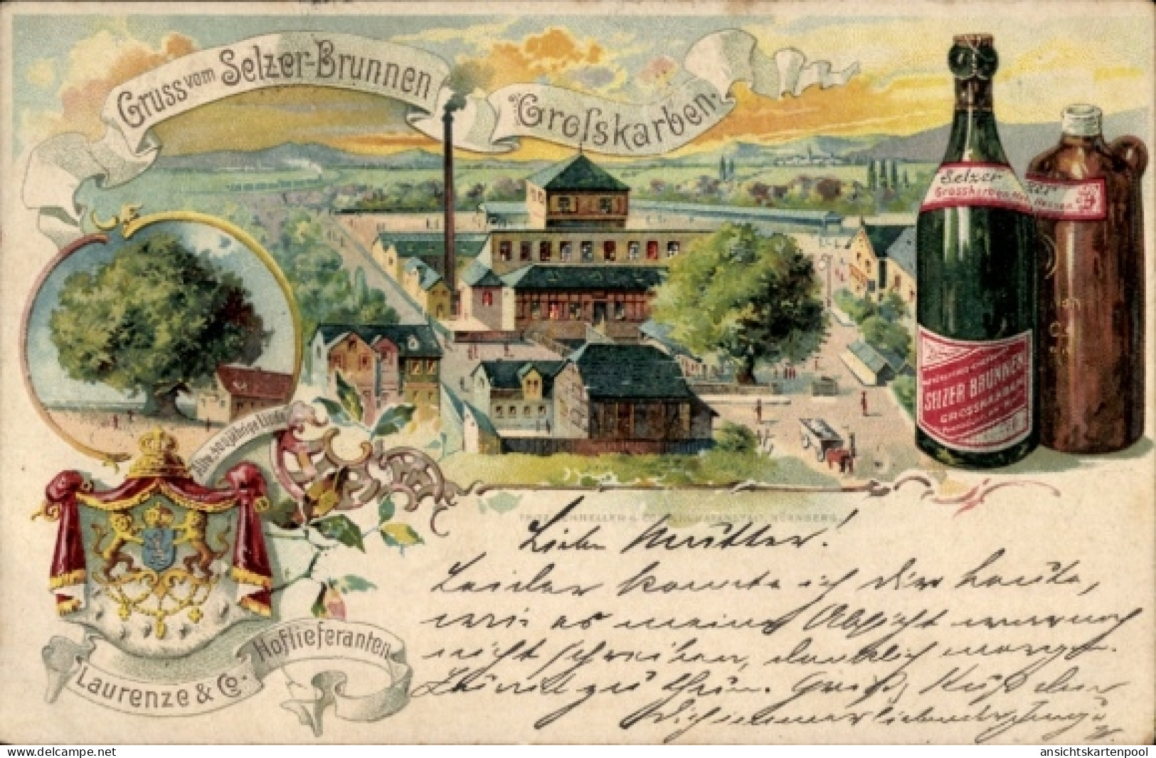 Lithographie Groß Karben Wetteraukreis, Selzerbrunnen, 400jh Linde, Mineralwasser