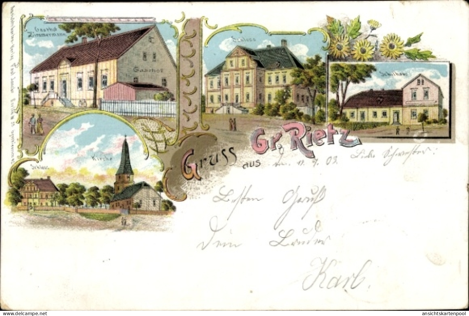 Lithographie Groß Rietz Rietz-Neuendorf in der Mark, Schloss, Kirche, Schulhaus, Gasthof Zimmermann