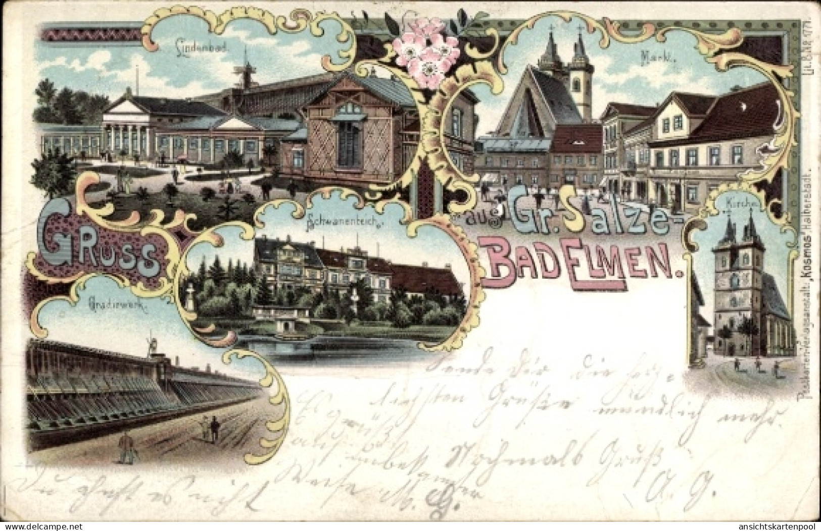 Lithographie Groß Salze Bad Elmen Salzelmen Schönebeck an der Elbe, Schwanenteich, Lindenbad, Gradierwerk