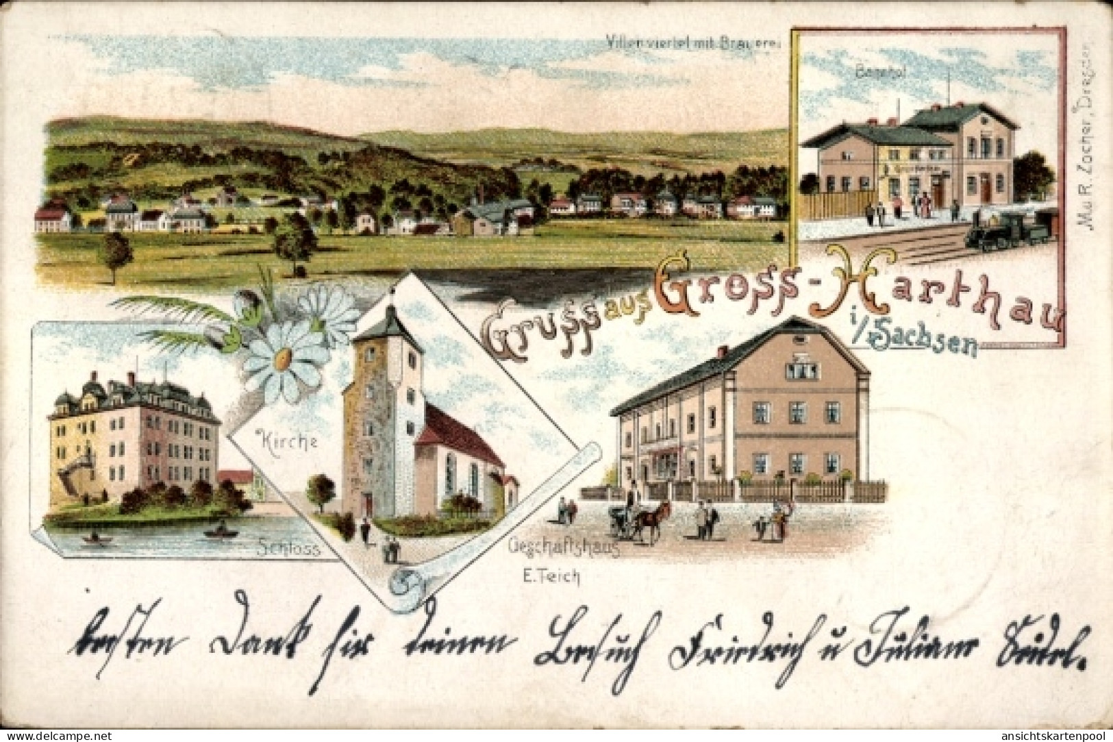 Lithographie Großharthau, Geschäftshaus E. Teich, Villenviertel, Brauerei, Schloss, Kirche, Bahnhof