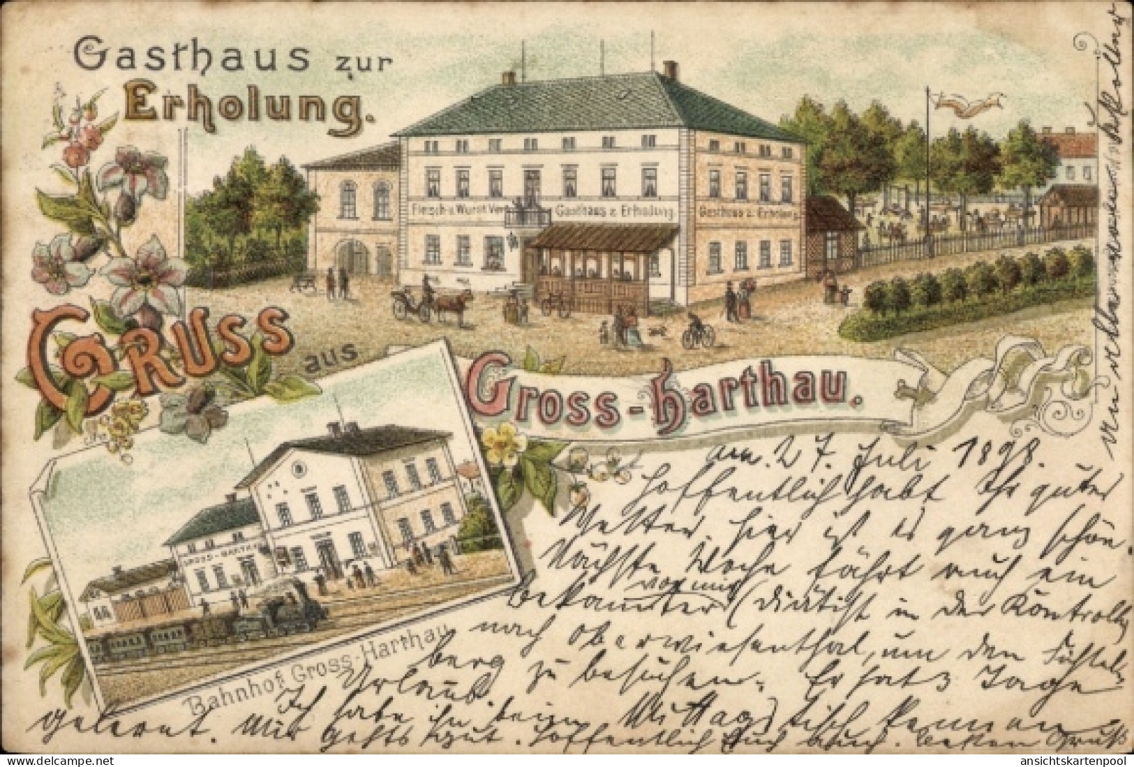 Lithographie Großharthau in Sachsen, Gasthaus zur Erholung, Bahnhof, Gleisseite
