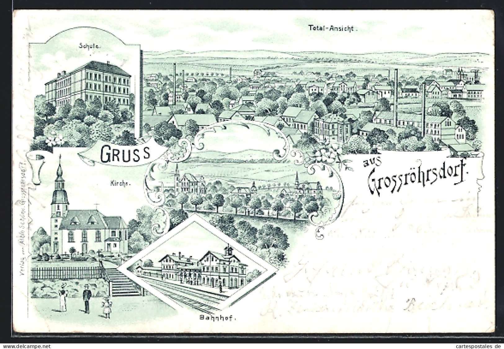 Lithographie Grossröhrsdorf, Schule, Kirche, Bahnhof, Gesamtansicht