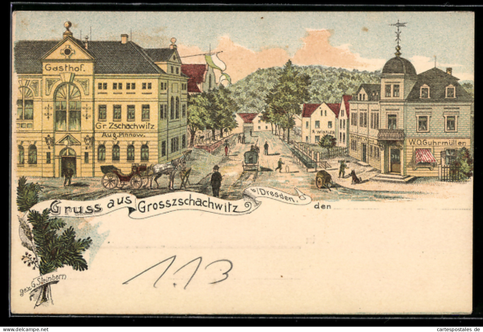 Lithographie Grosszschachwitz b. Dresden, Strasse mit Gasthof von Aug. Pinnow und Geschäft von W. O. Guhrmüller