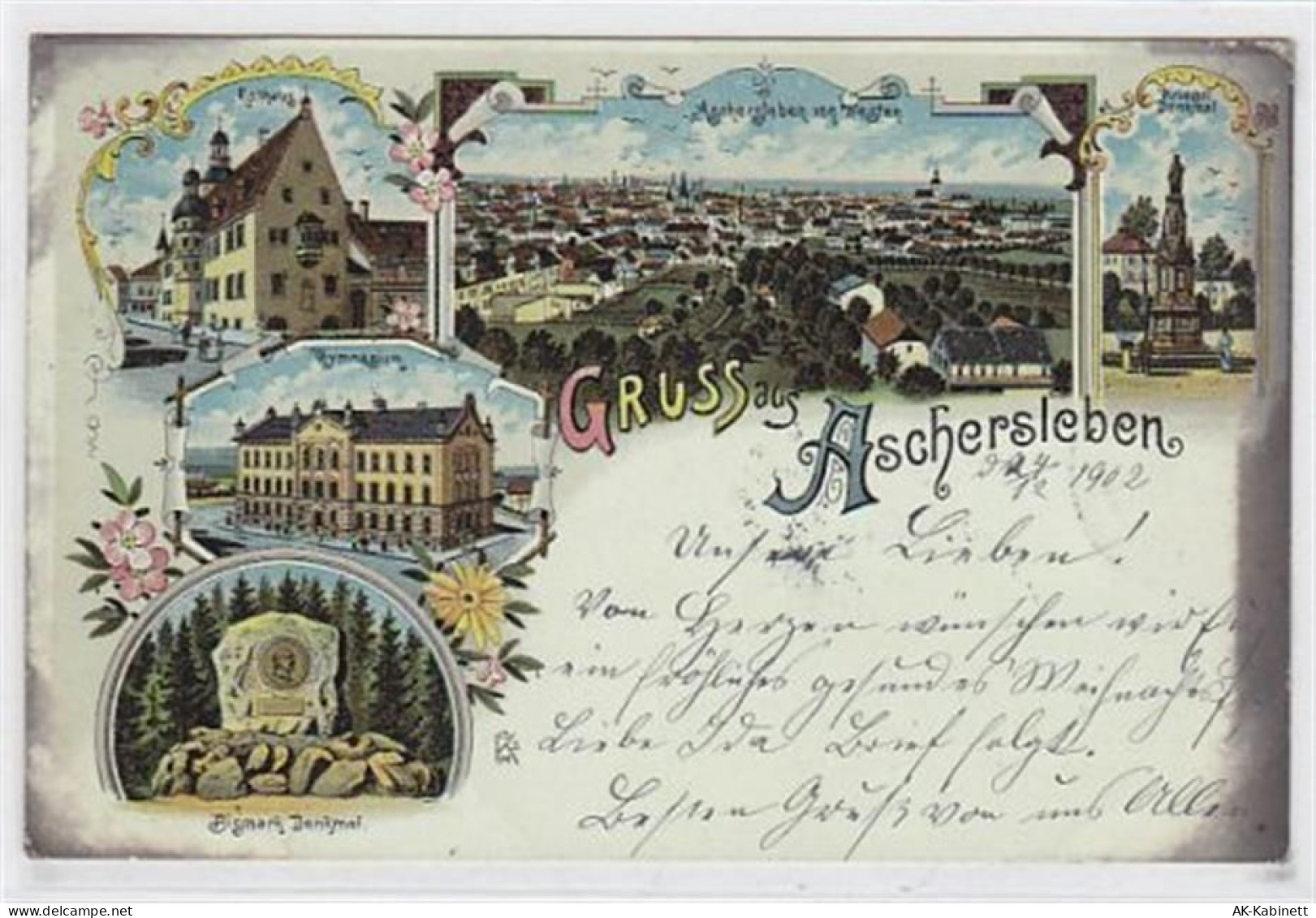 Lithographie Gruss aus Aschersleben. Rathaus, Aschersleben von Westen Kr... - 39003495