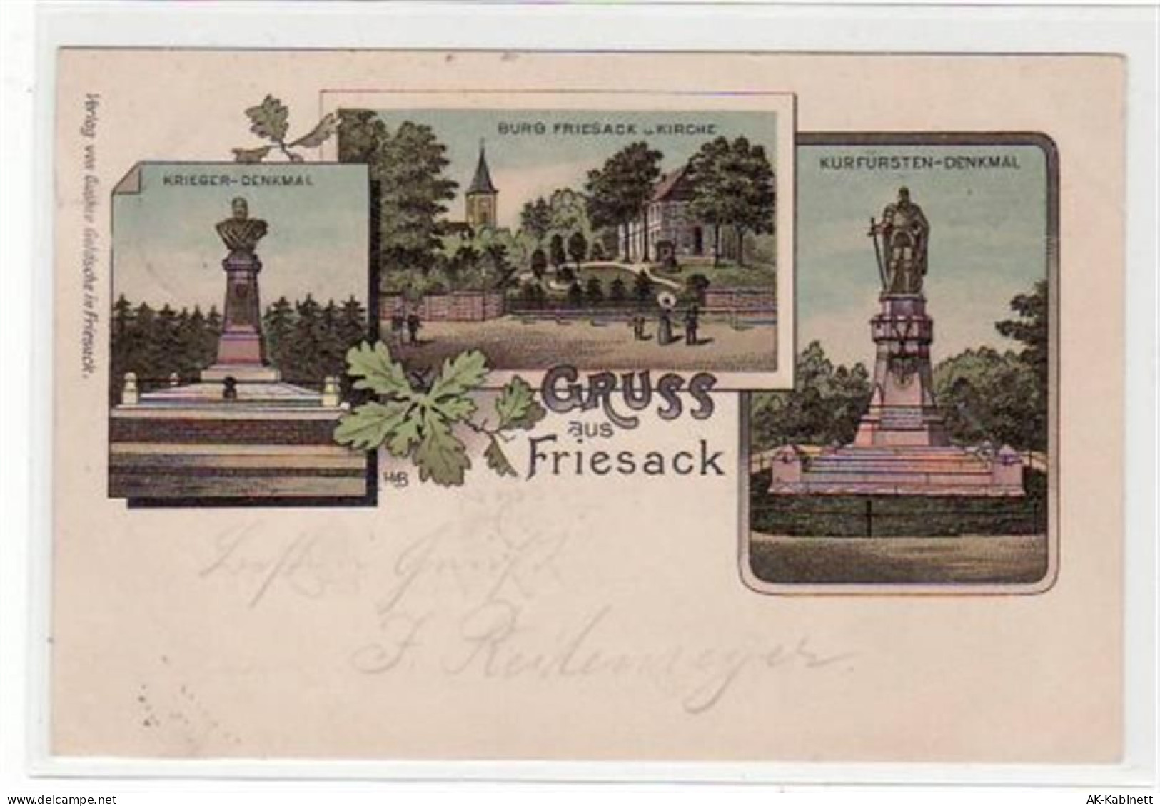 Lithographie Gruss aus Friesack mit Krieger-Denkmal, Burg Friesack u. Ki... - 39003376