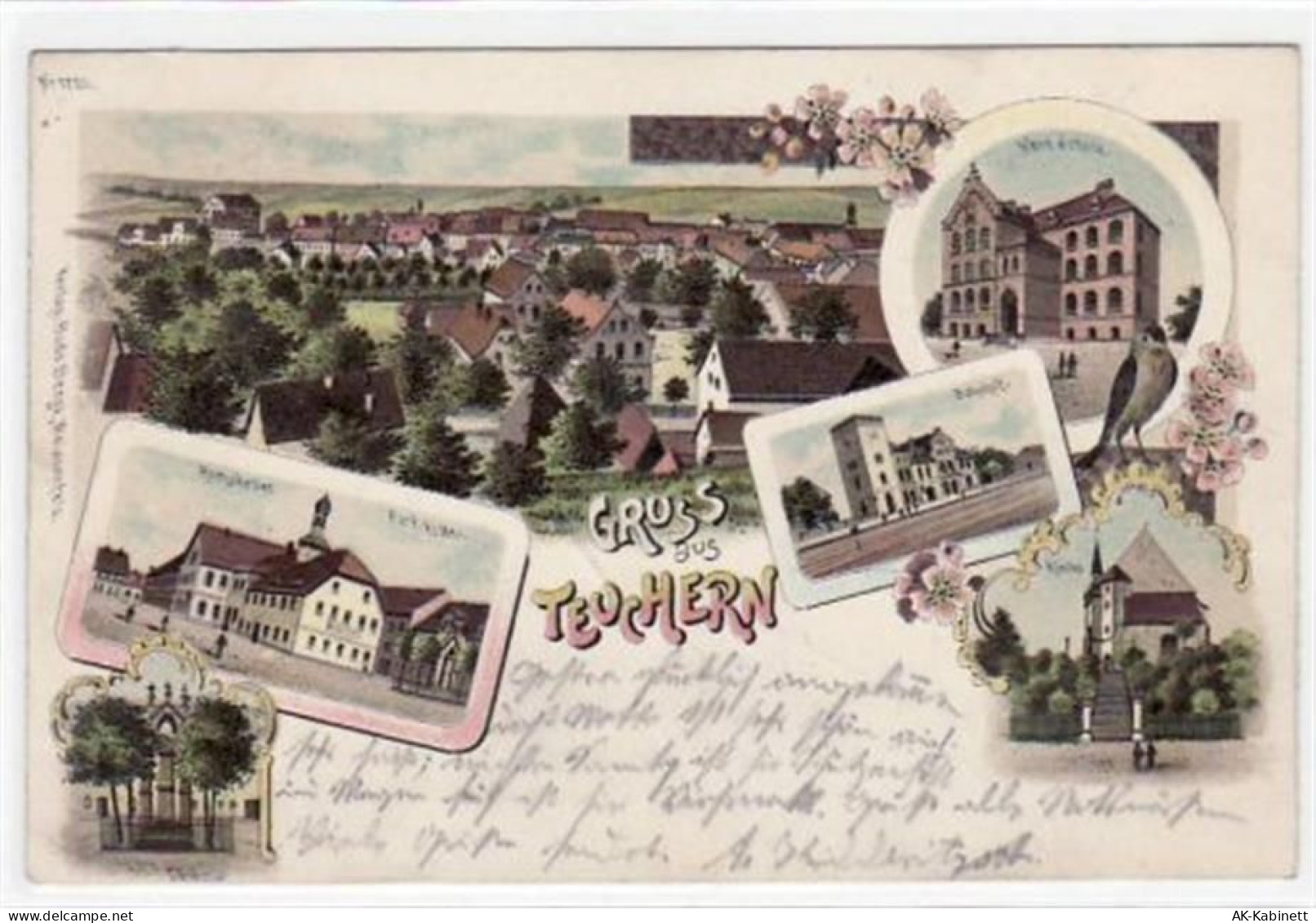 Lithographie Gruß aus Teuchern mit Gesamtansicht, Kirche, Ratskeller, De... - 39013232