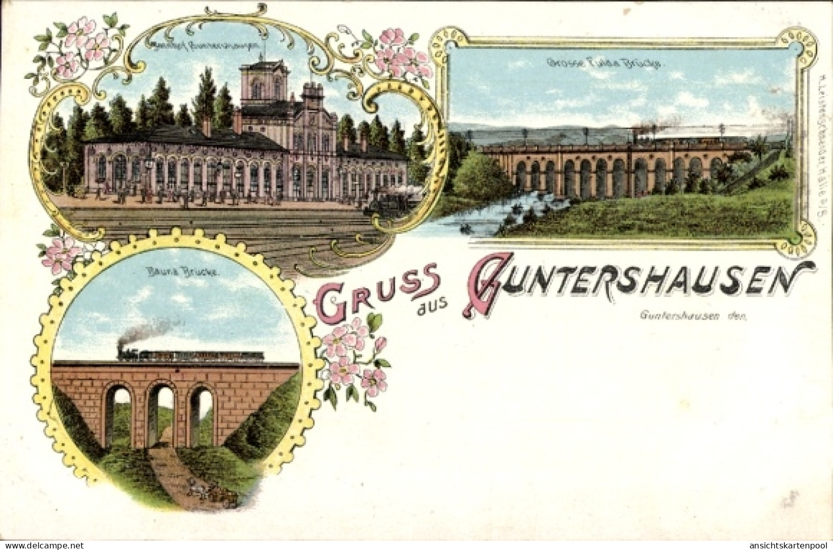 Lithographie Guntershausen Baunatal in Hessen, Bahnhof Gleisseite, Fuldabrücke