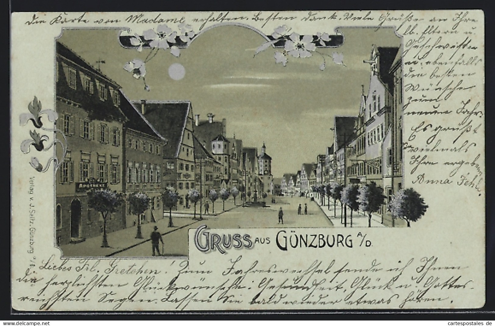 Lithographie Günzburg a. D., Strassenpartie mit Apotheke