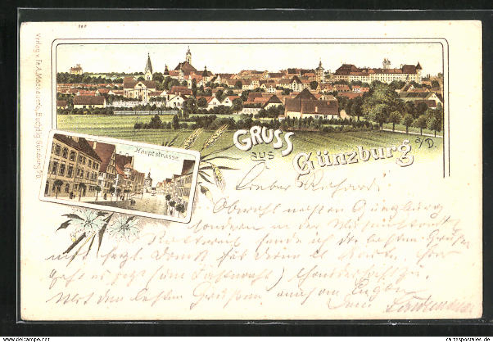 Lithographie Günzburg a. D., Totalansicht, Hauptstrasse