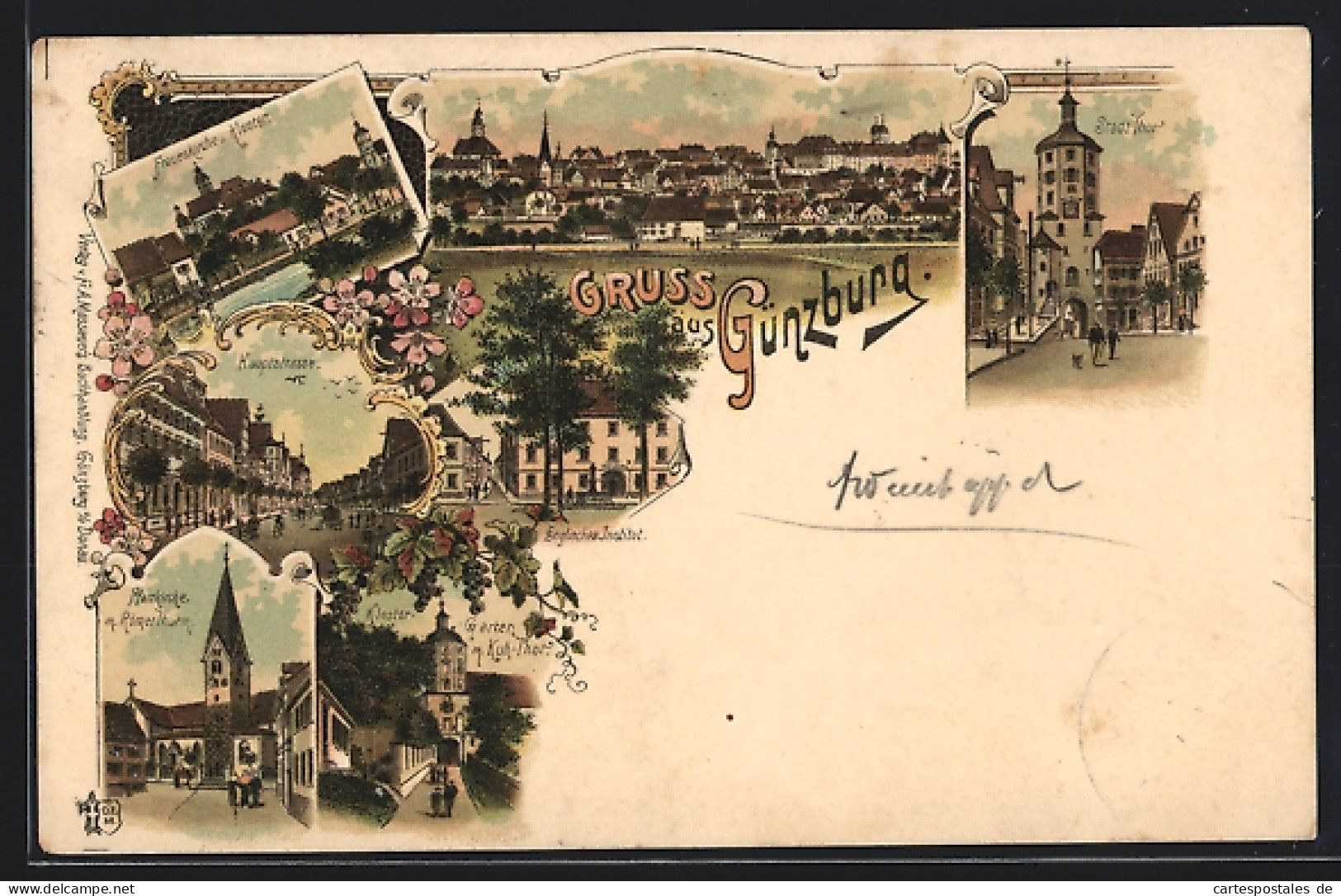 Lithographie Günzburg, Hauptstrasse, Frauenkirche und Kloster, Englisches Institut