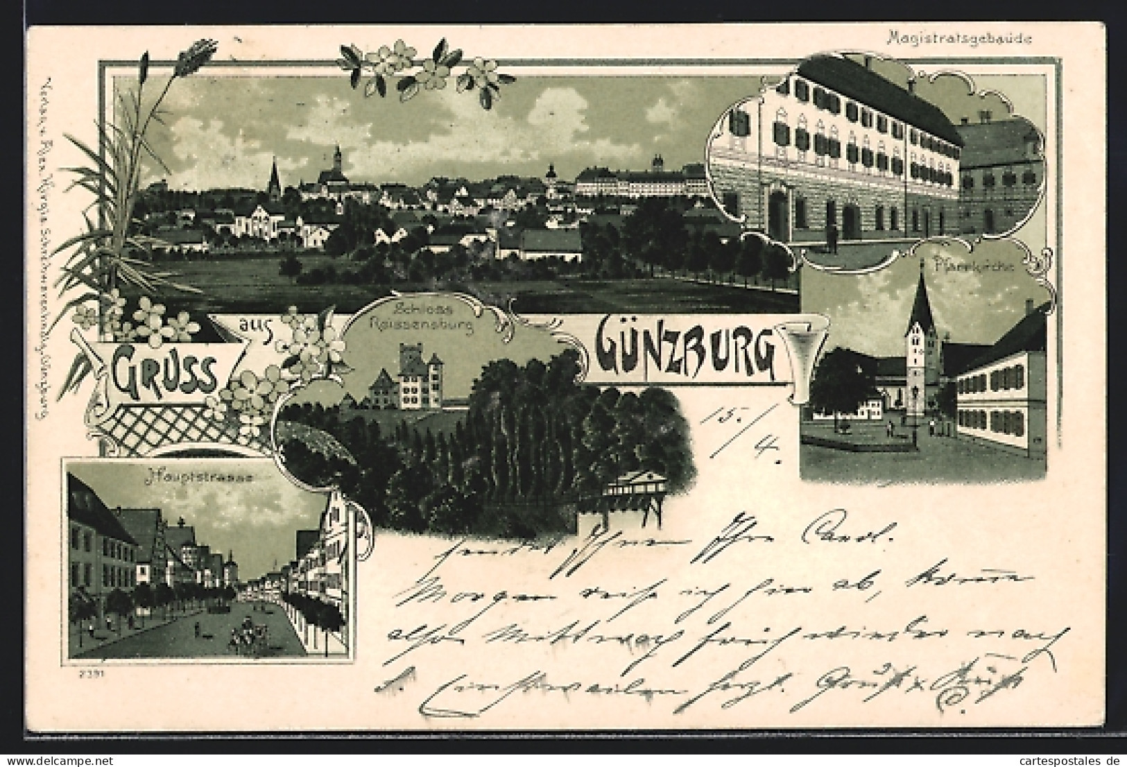Lithographie Günzburg, Ortsansicht, Magistratsgebäude, Hauptstrasse